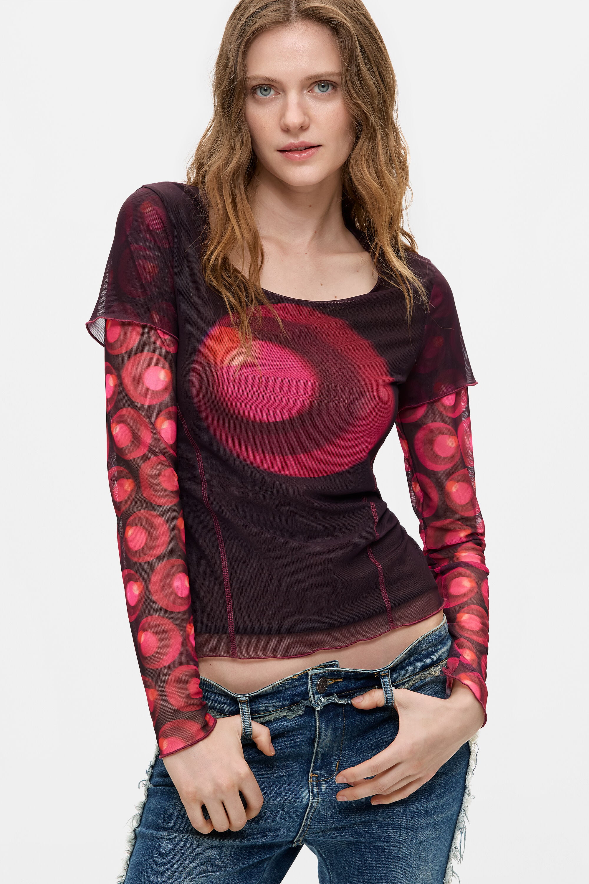 Desigual, Camiseta Estampada Manga Larga, Poliester, Rojo