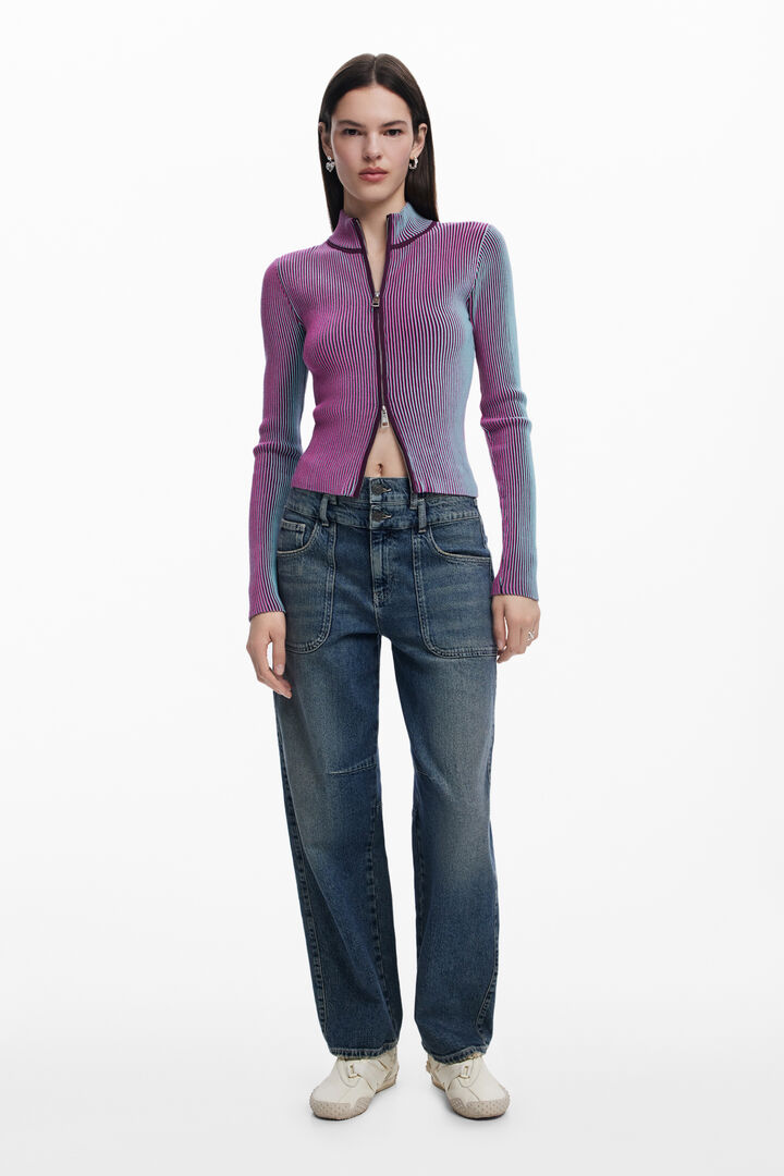 Cardigan con cerniera a righe verticali
