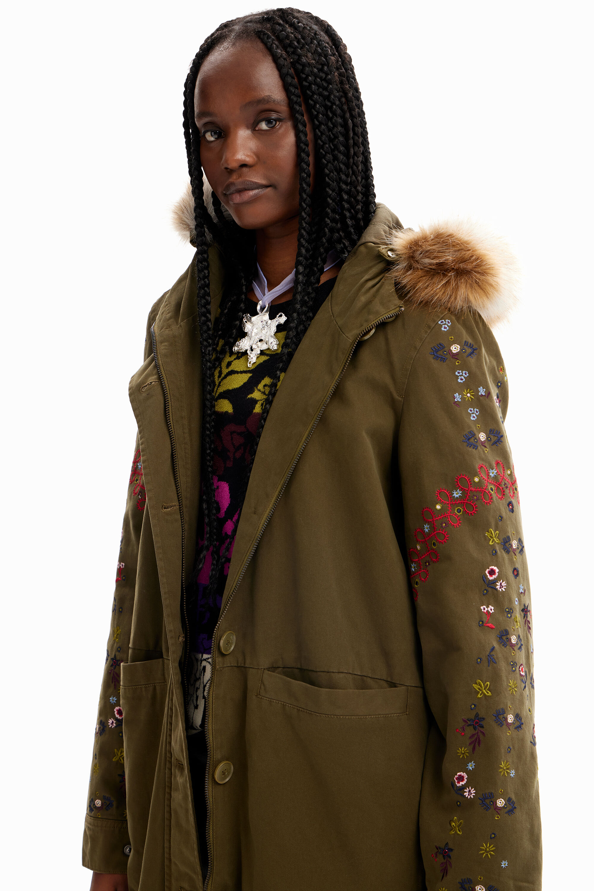 Embroidered parka coat sales