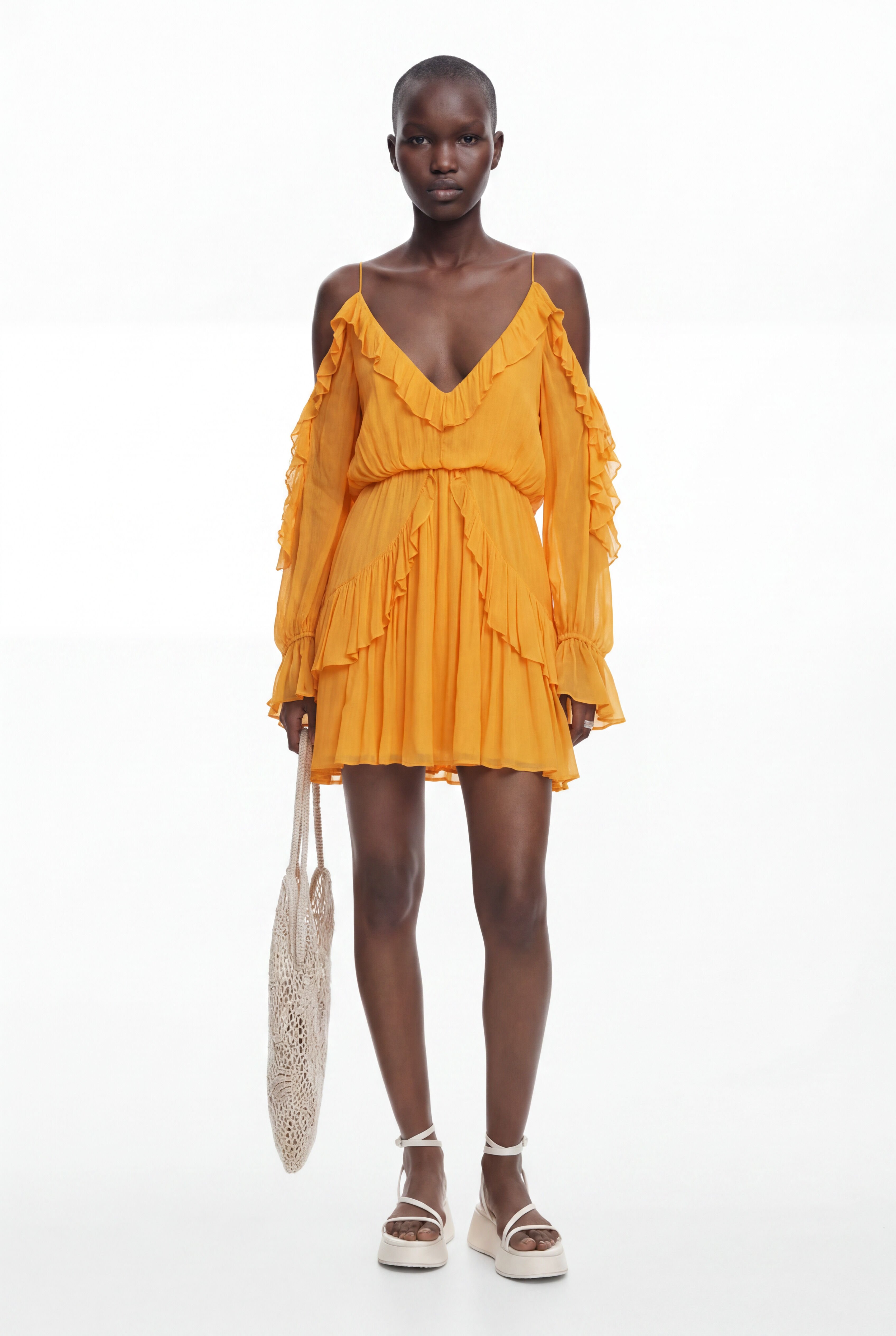Desigual, Vestido mini volantes, Viscosa, Naranja