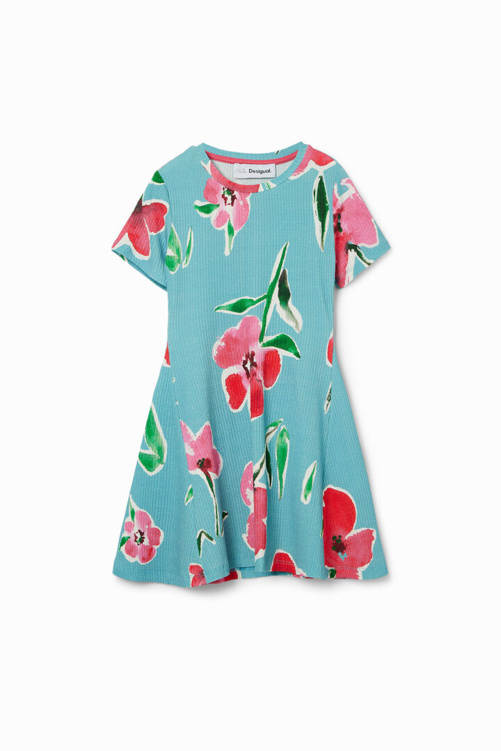 Vestido corto canalé flores | Desigual