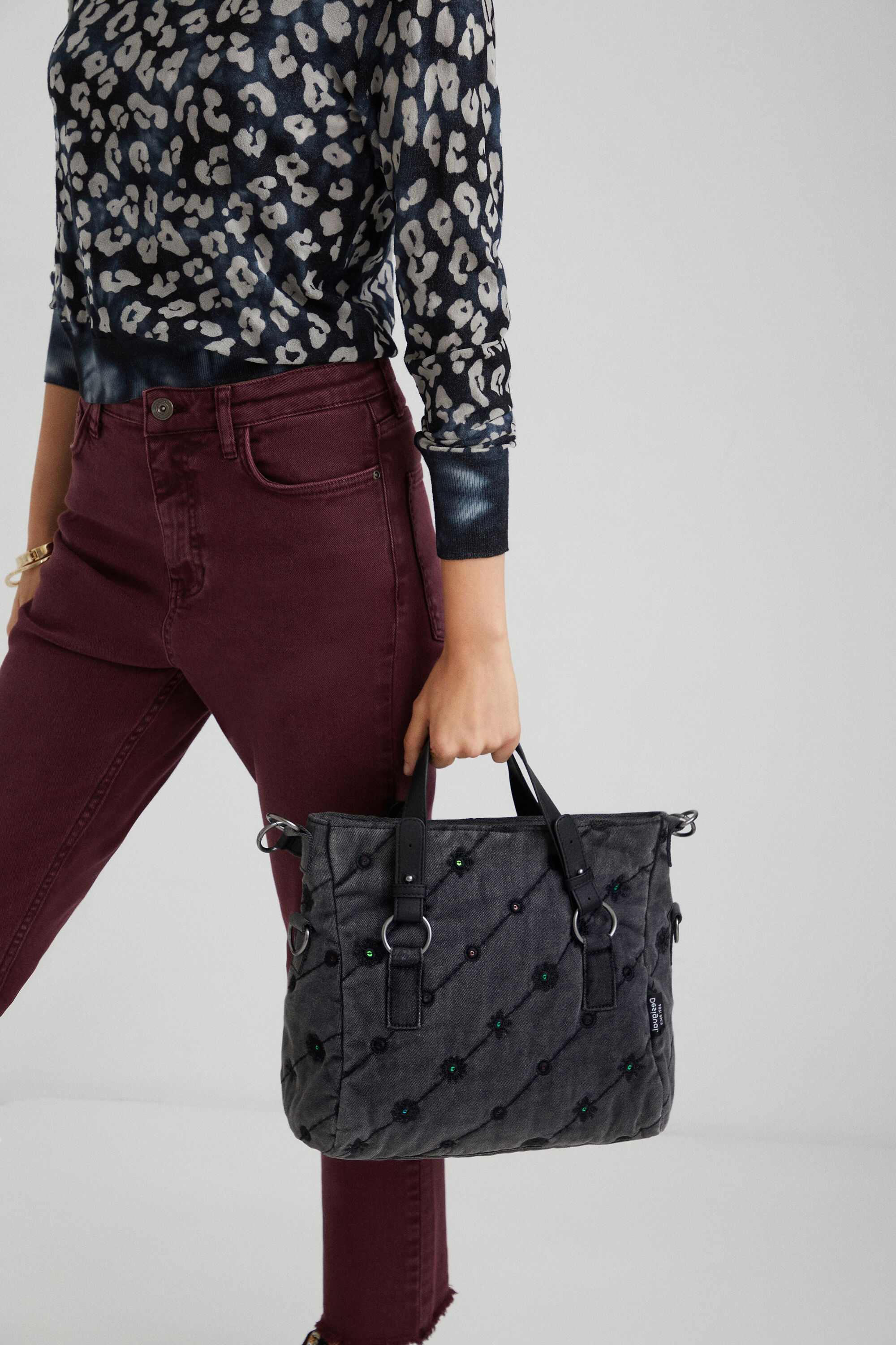 Shop Desigual Handbag Denim Effect In Black
