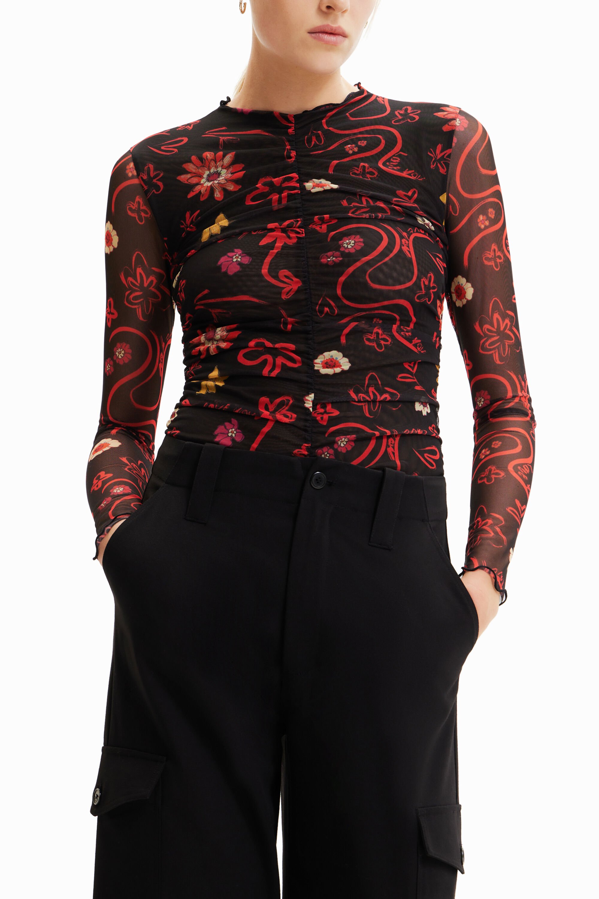 Women's Tulle ruched floral bodysuit I Desigual.com