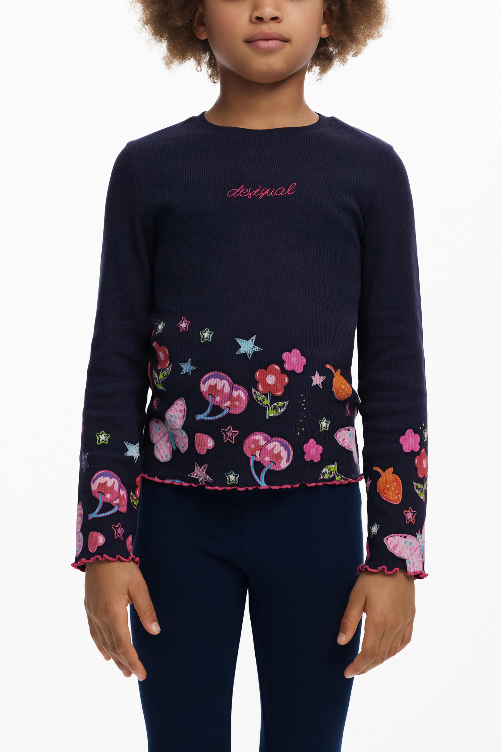 Desigual, Langarmshirt mit Blumenlogo, Kinder, Baumwolle, Blau, 5/6