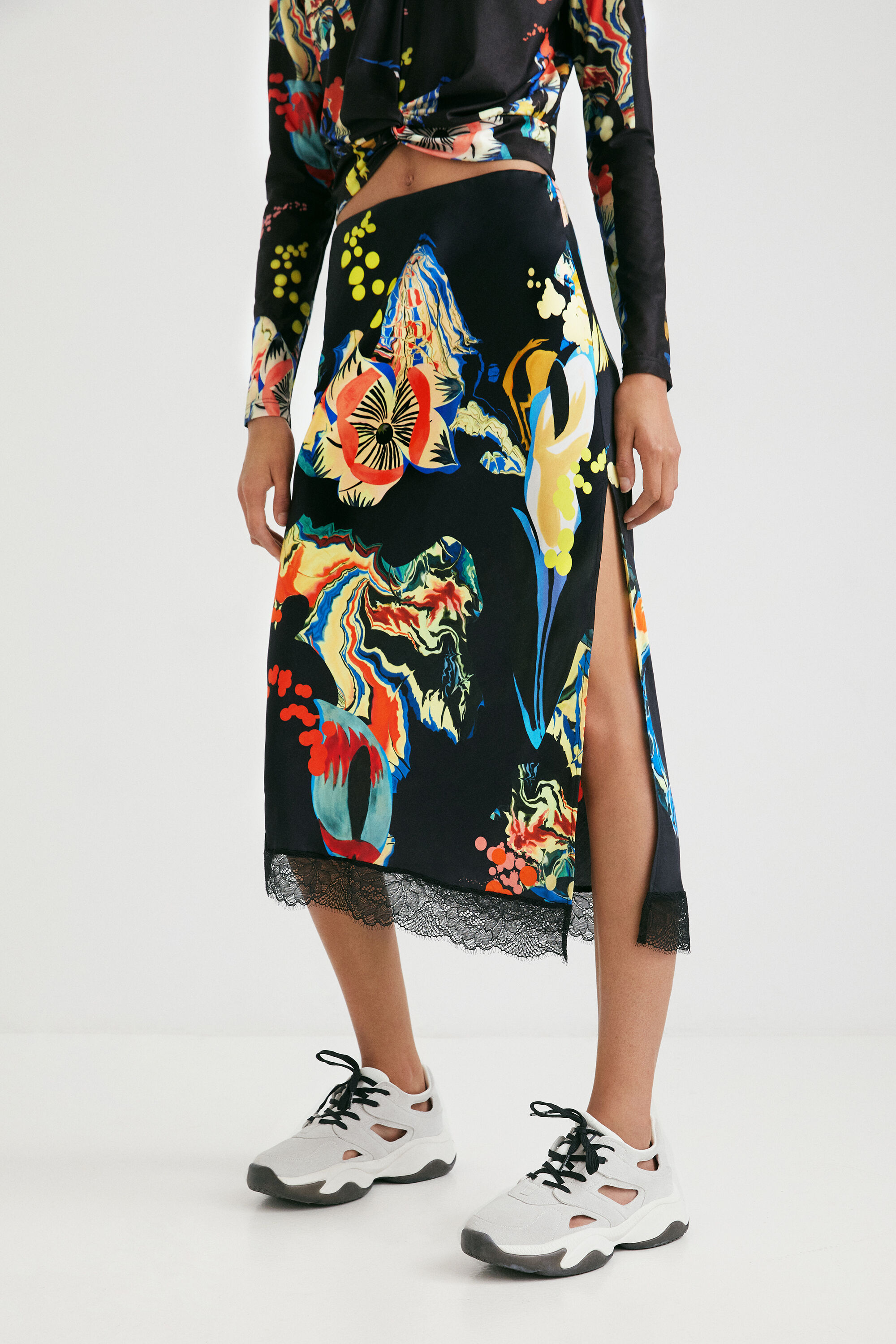 Shop Desigual Slim Midi-skirt Print In Black