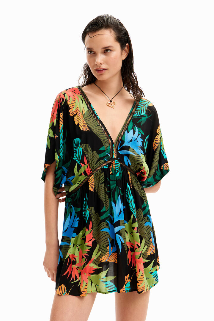 Sukienka tunika z nadrukiem w tropikalny deseń