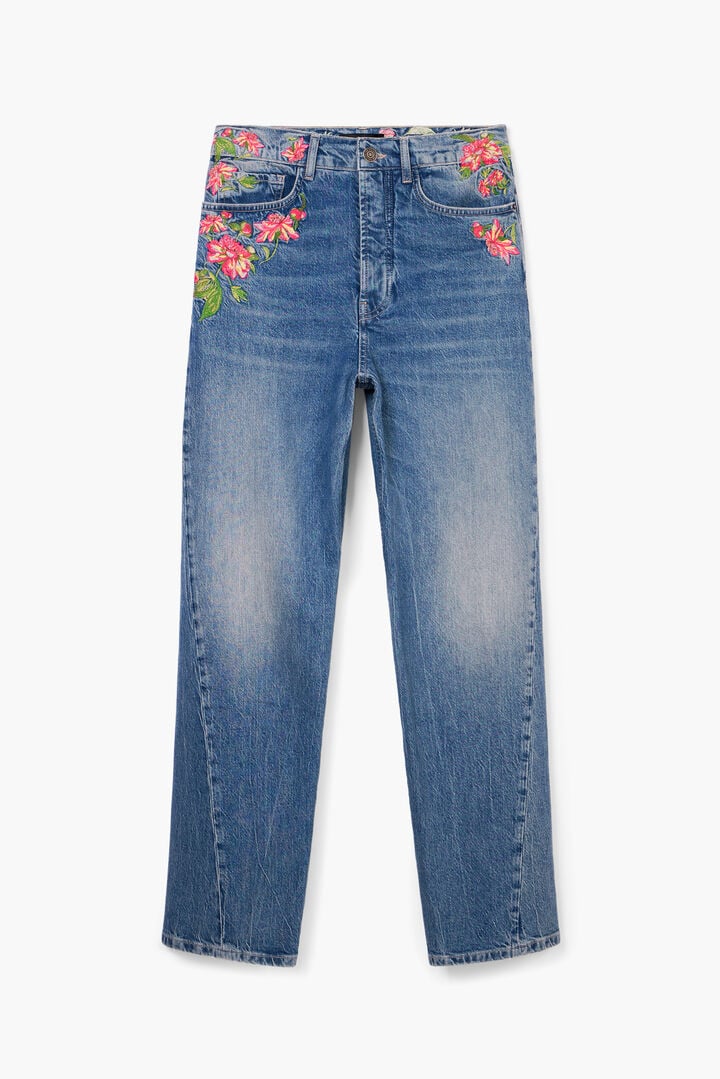 Long denim pants with flowers | Desigual