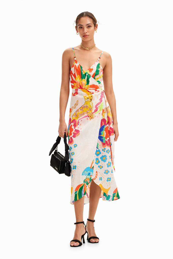 Vestido midi cruzado dibujos jungla | Desigual