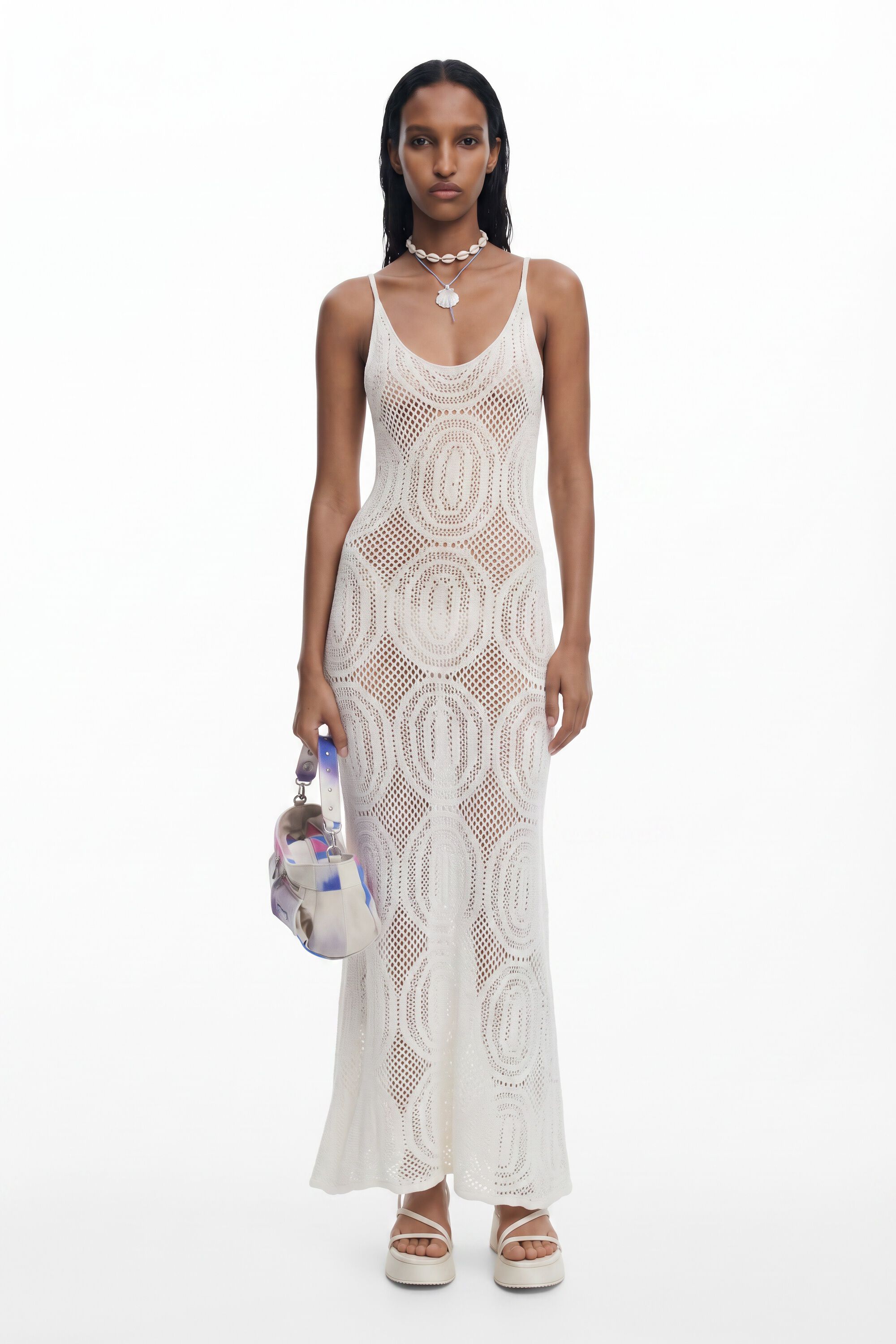 Desigual, Robe à bretelles en crochet, Blanc, M