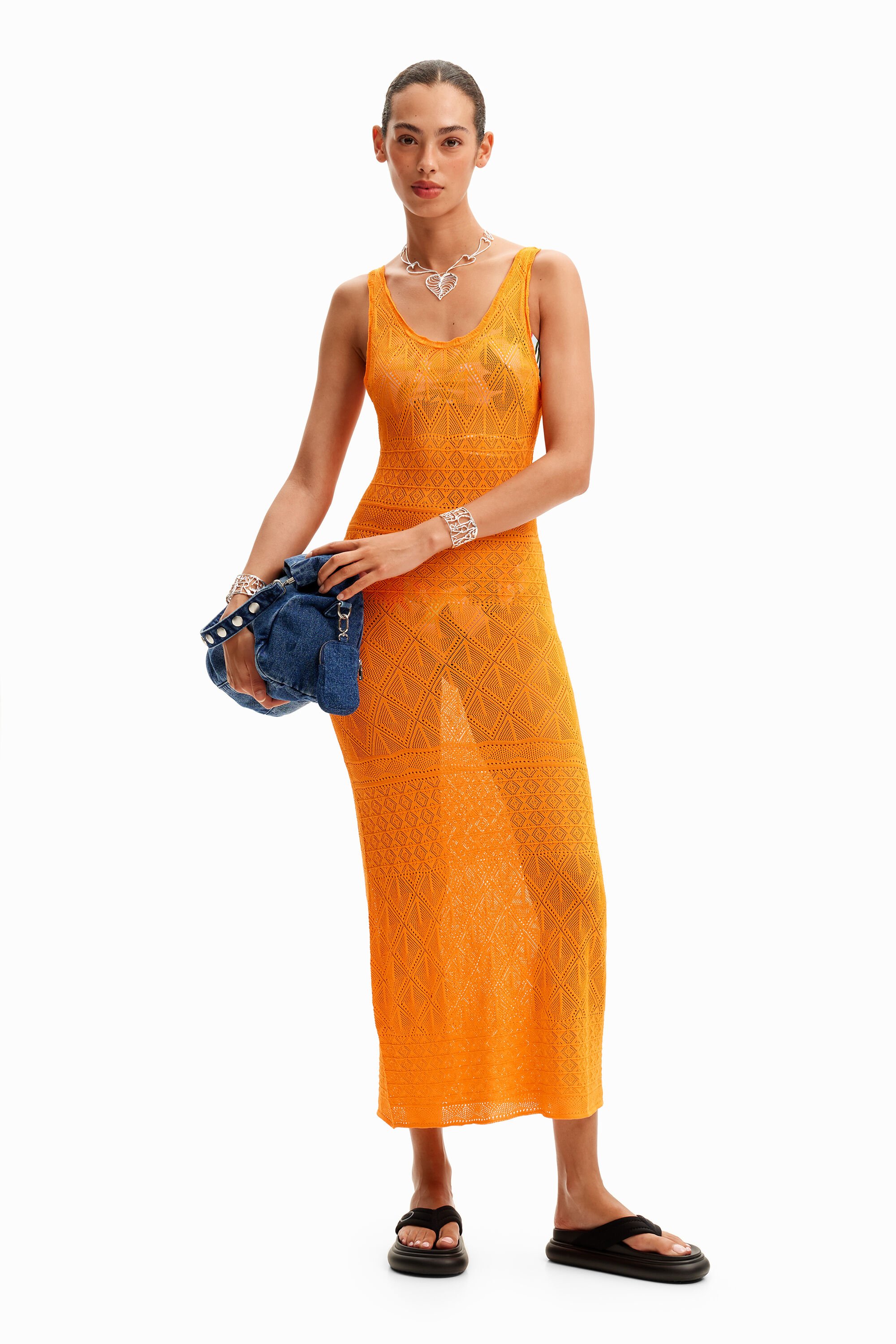 Strappy openwork midi dress - ORANGE - S