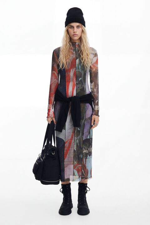 PRINTED TULLE MIDI DRESS