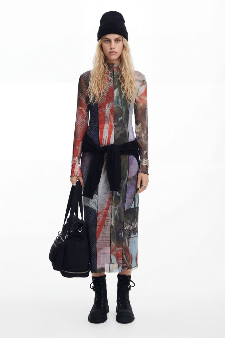 PRINTED TULLE MIDI DRESS