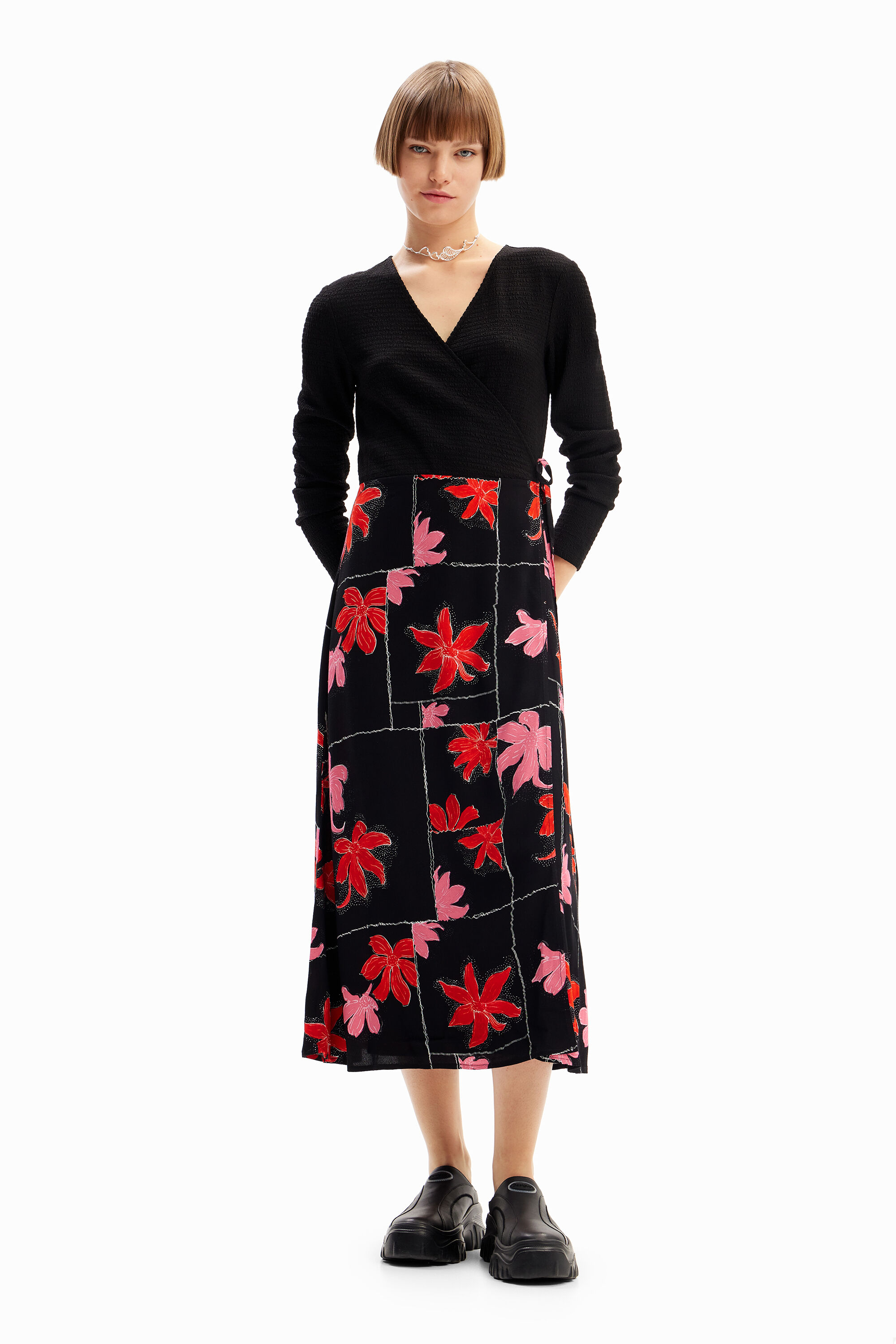 Shop Desigual Floral Wrap Midi Dress In Black