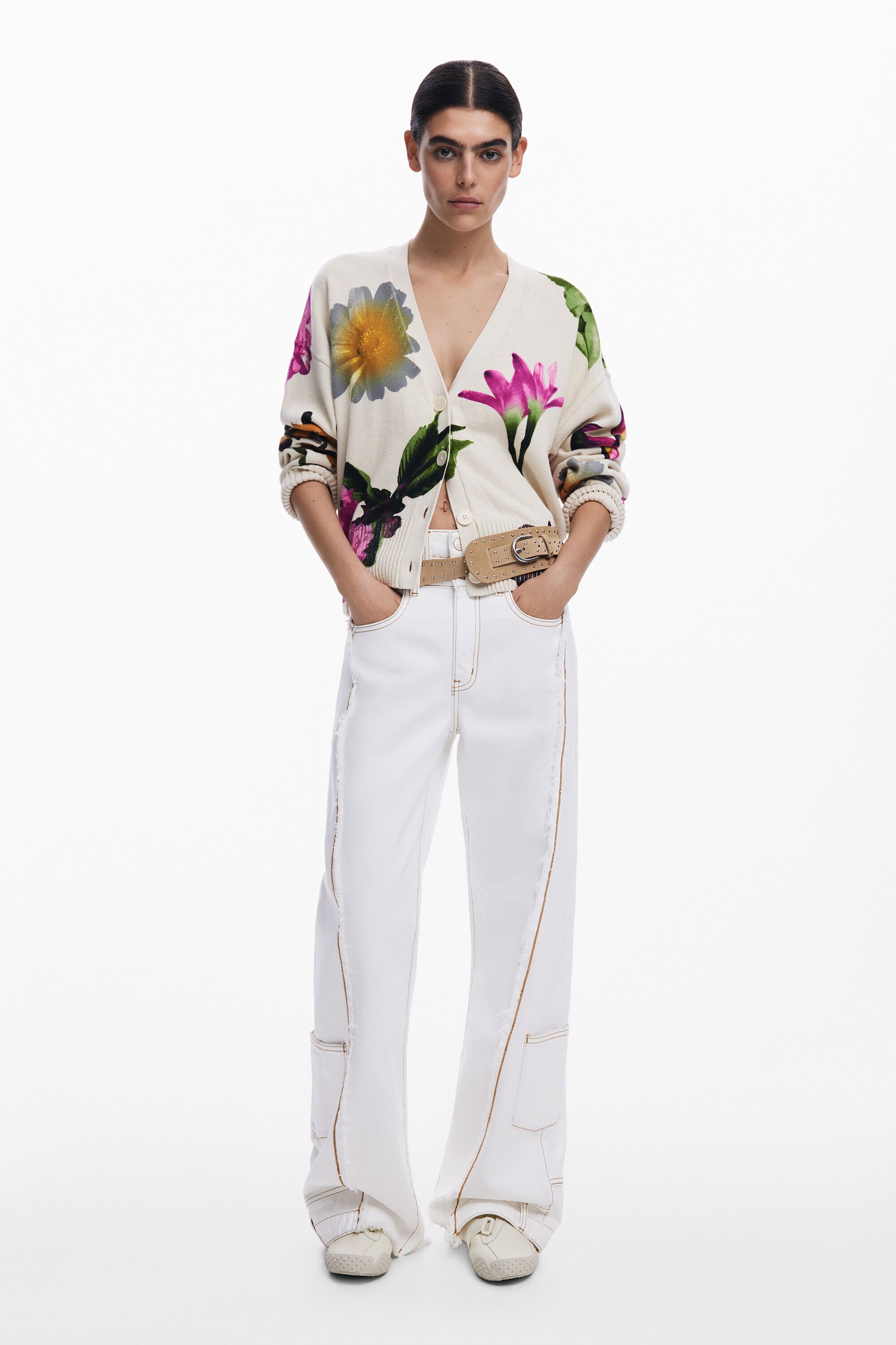 Desigual Floral-print Button Cardigan In White