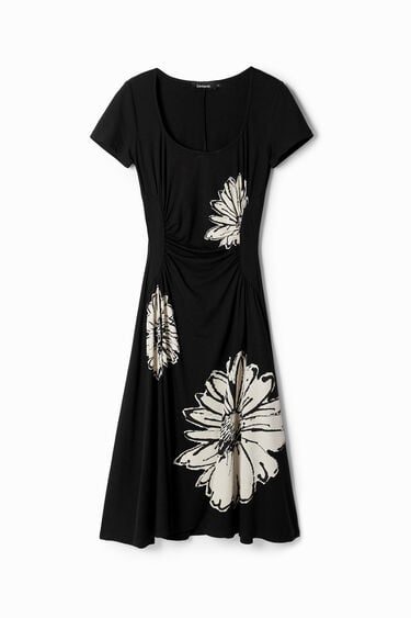 Short-sleeved midi dress with neckline and daisies. | Desigual