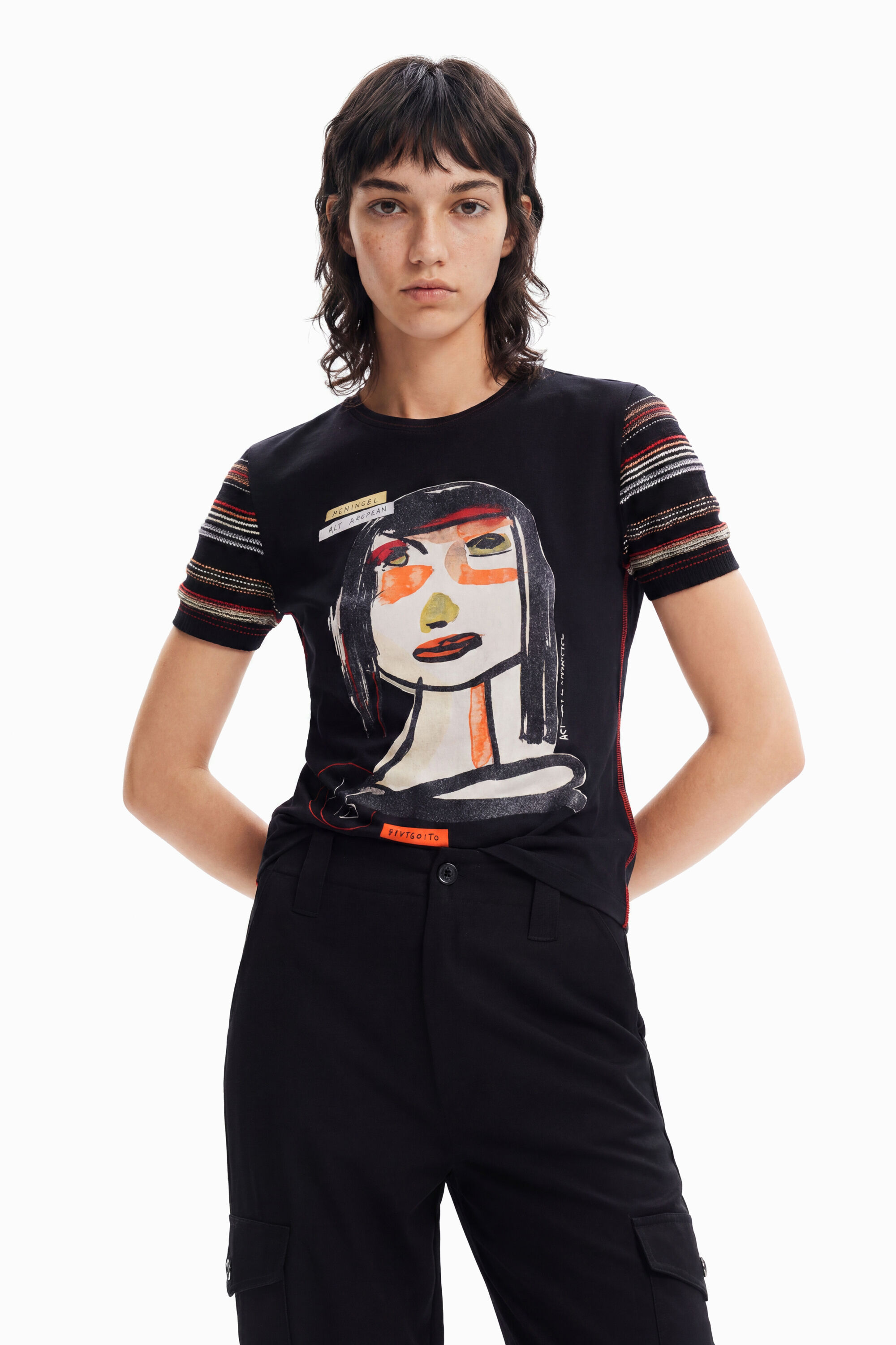 Desigual, Camiseta cara arty, Algodon, Negro