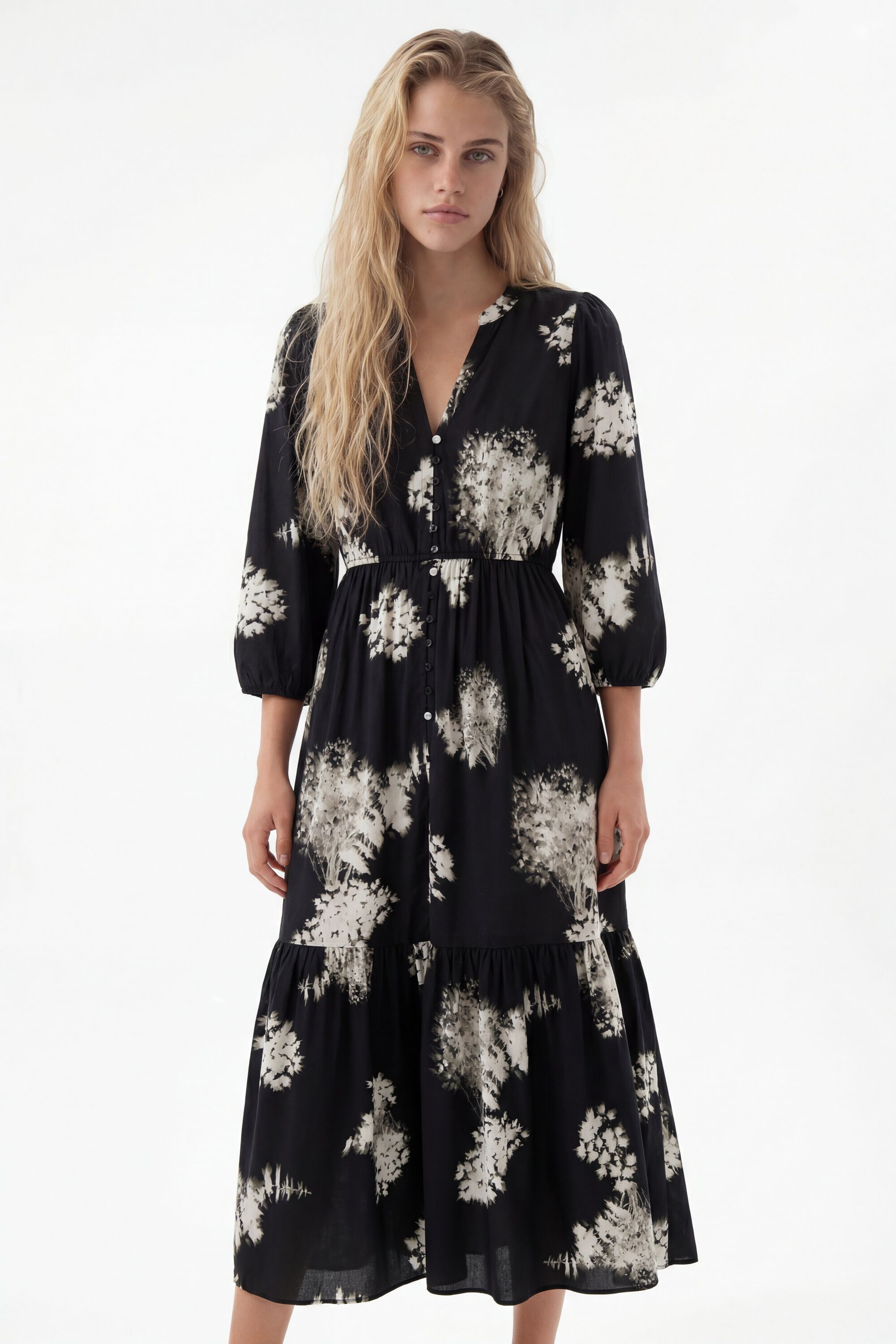 Desigual, Vestido camisero midi flores, Algodon, Negro
