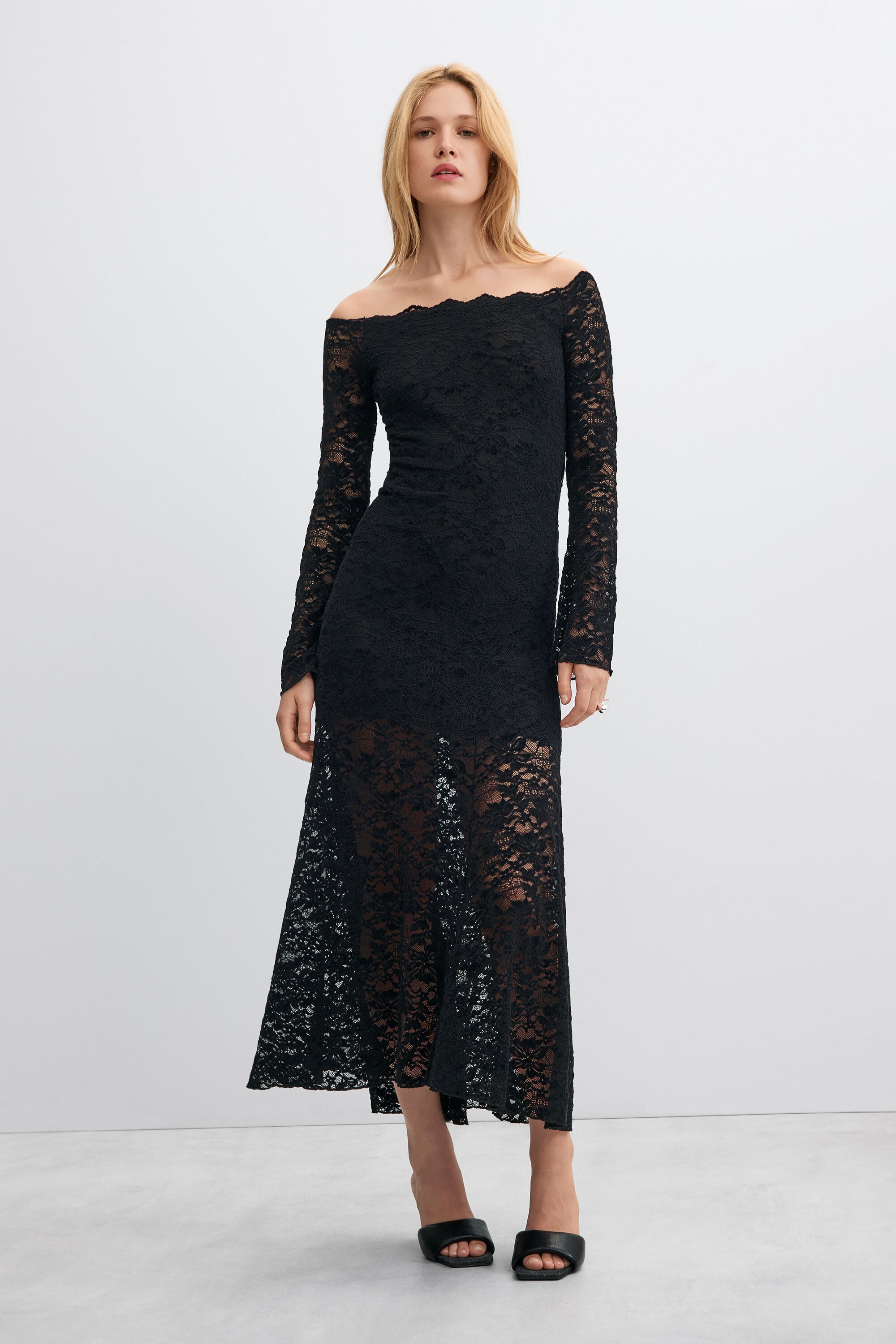 vestido midi evasé, Mujer, Negro,