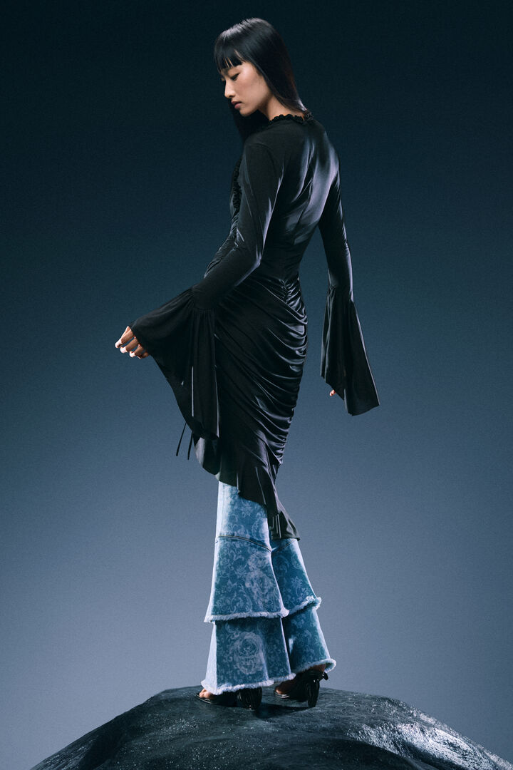 asymmetric dress with flared sleeves