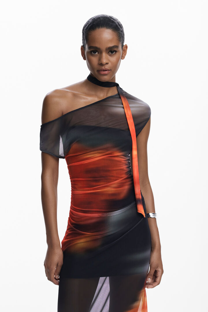 Robe drapée à décolleté asymétrique fleur | Desigual