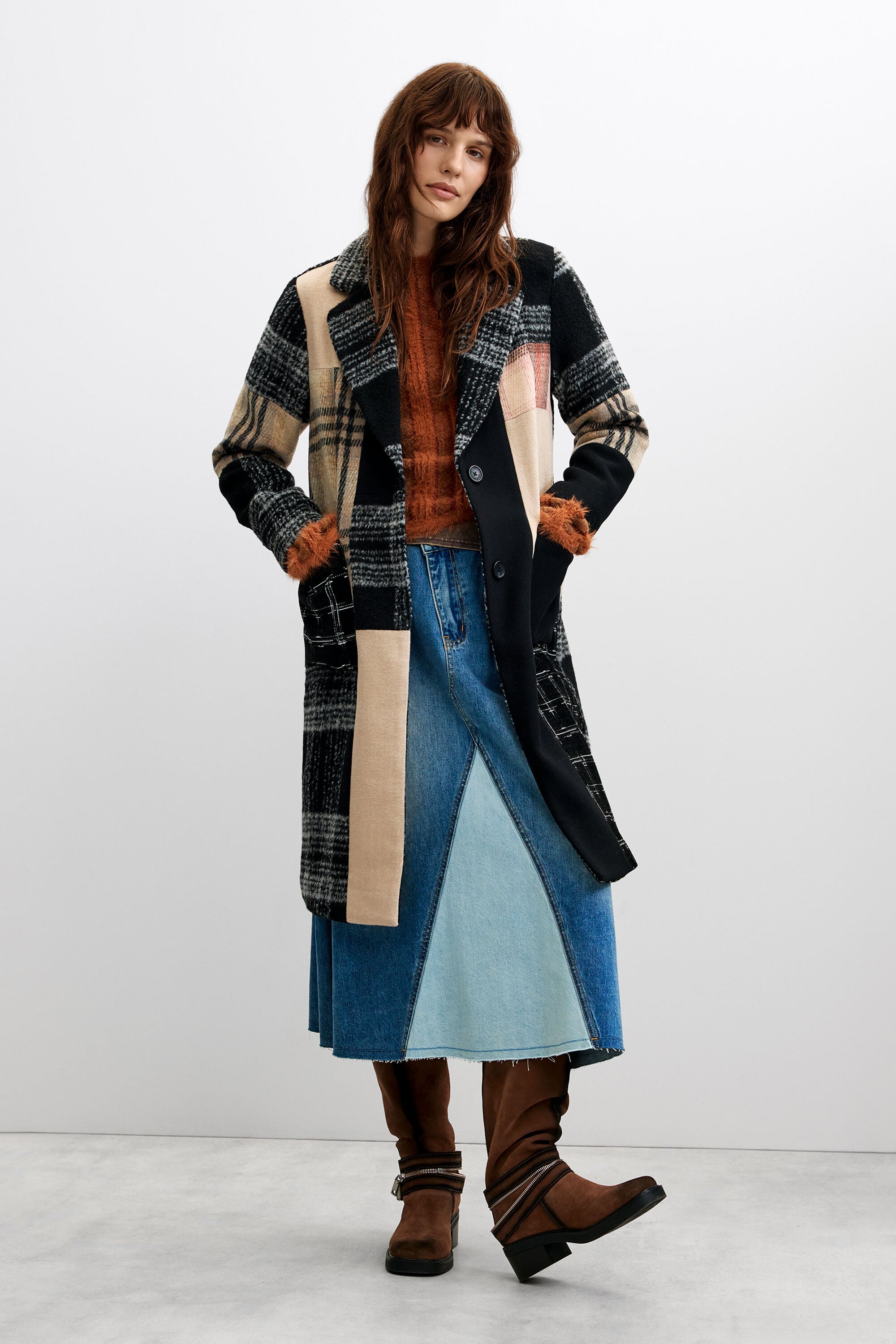 Wollen mantel Ruit patch - BLACK - XS