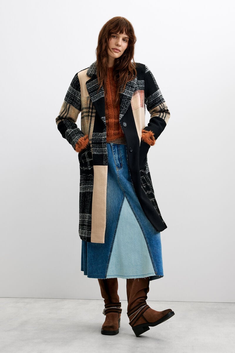 Retro Graphi Header Wool coat checked patch black Women's I Desigual.com