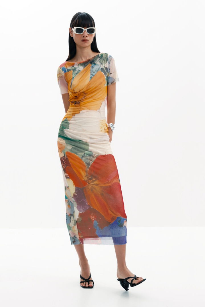 Midi tulle dress with flowers | Desigual