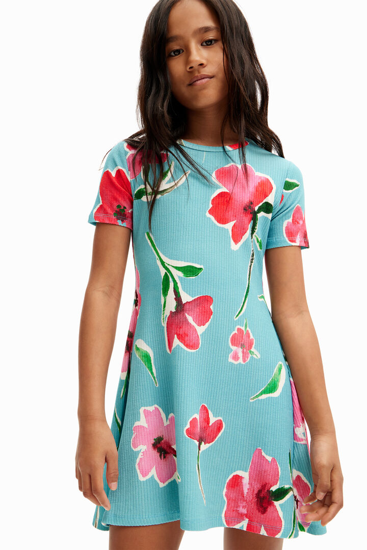 Vestido corto canalé flores | Desigual