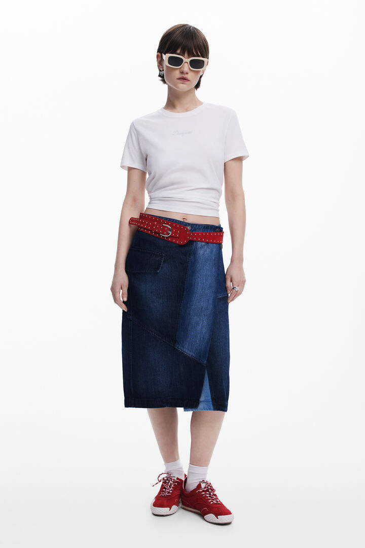 Crossed denim midi skirt