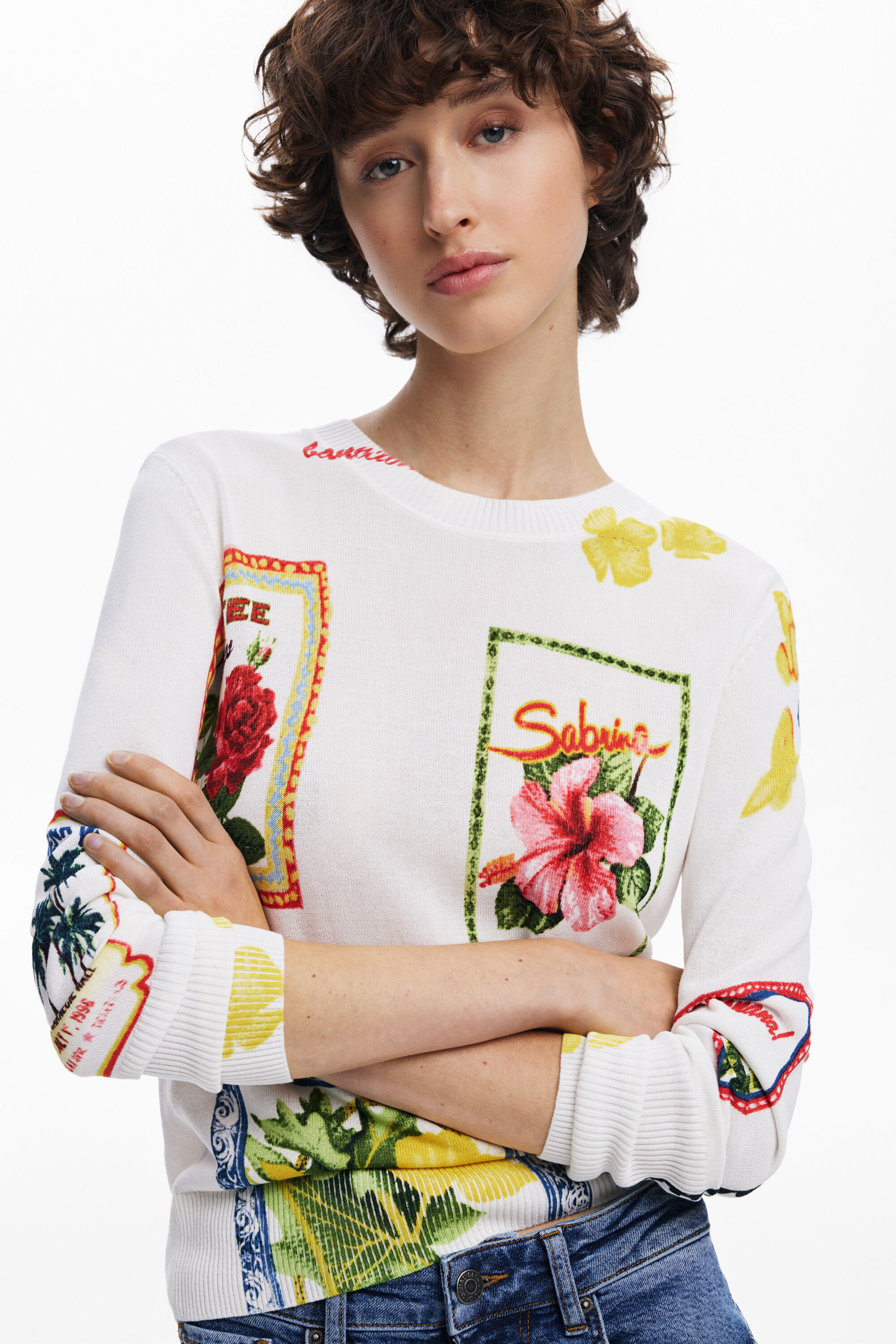 Desigual Floral Crewneck Sweater In White
