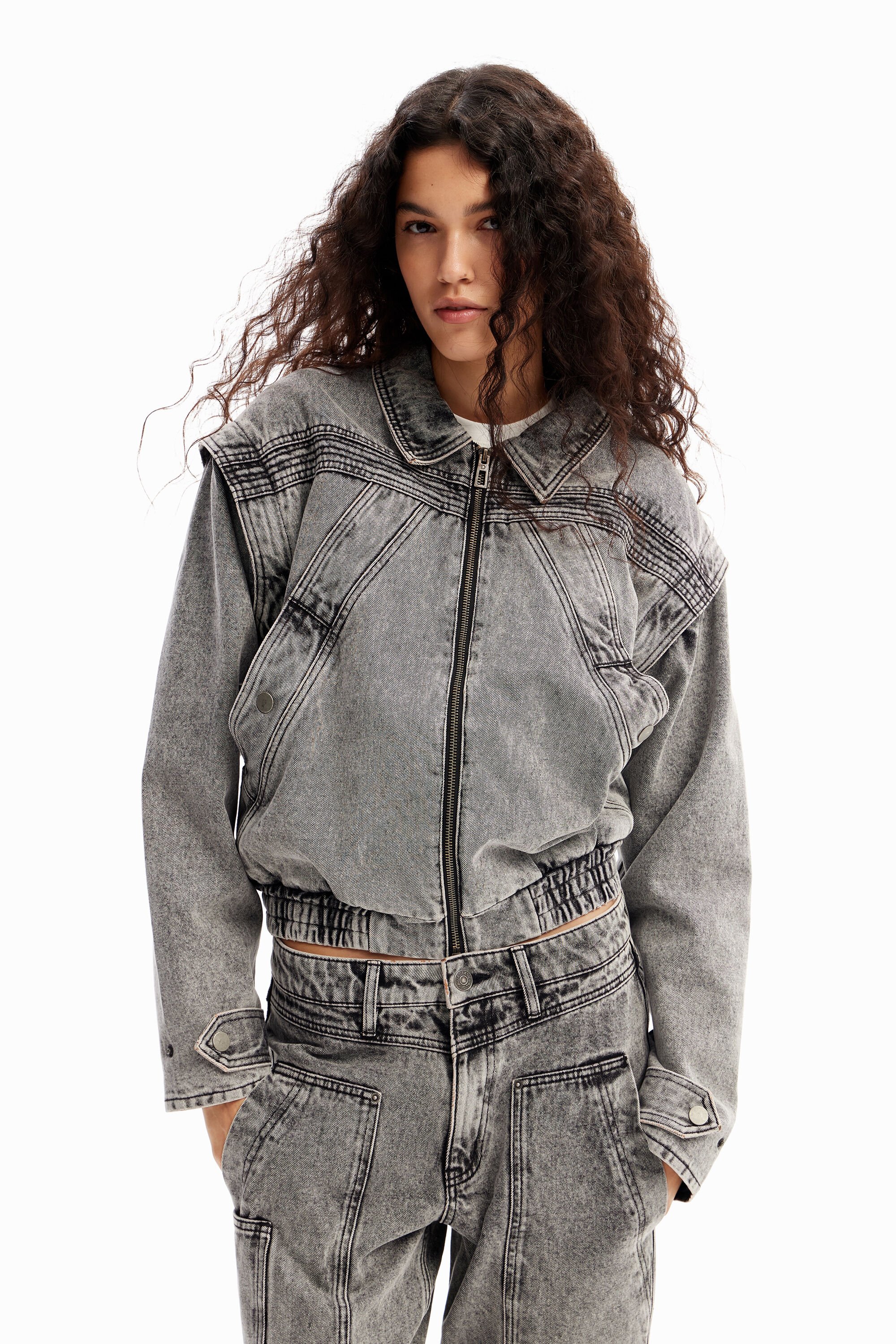 Desigual Denim Detachable Sleeve Jacket In Black