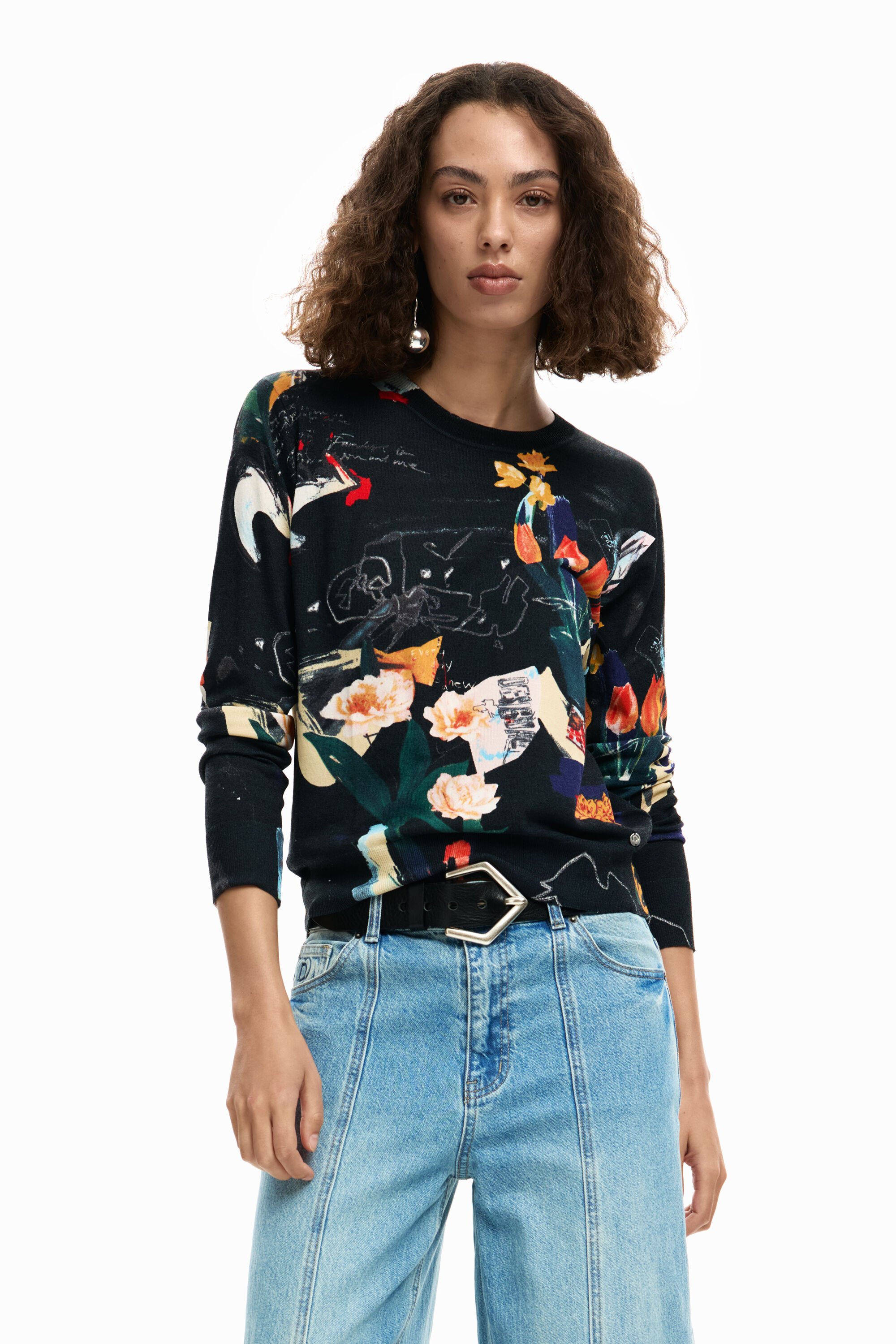 Desigual, Feiner Pullover mit Pflanzenmuster, Damen, Schwarz, L