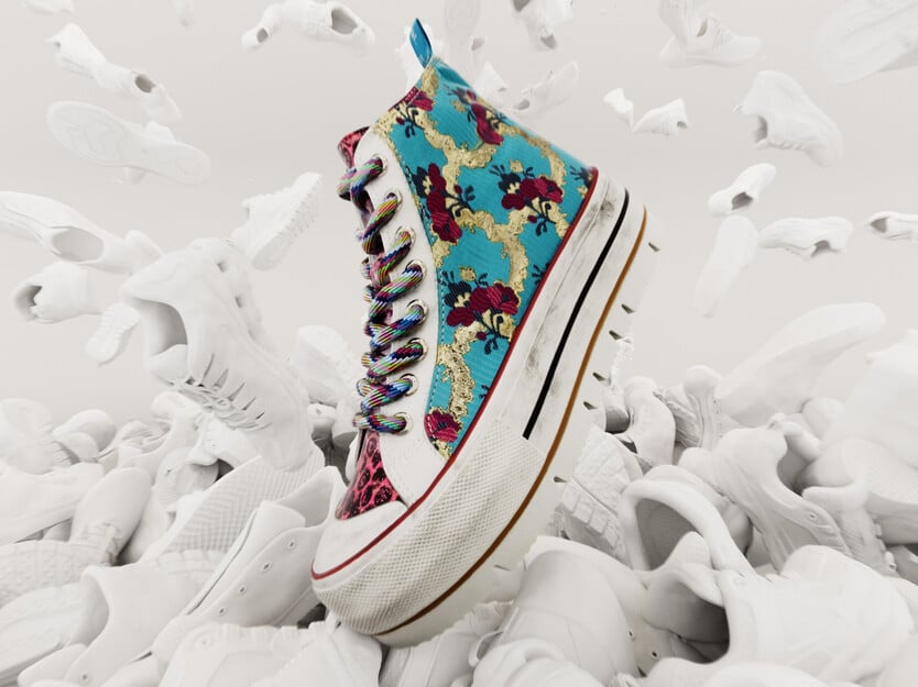 Sneakersy z wysoką cholewką platforma patchwork kwiaty