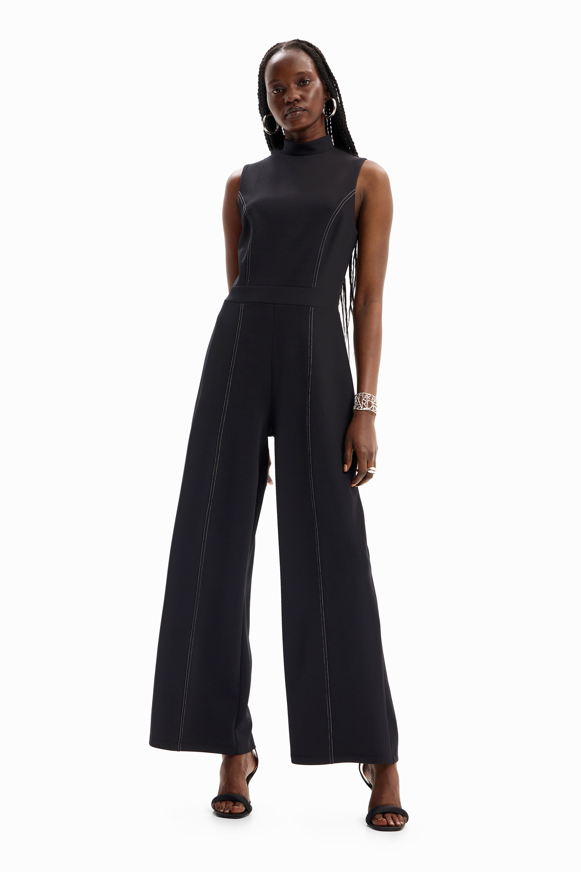 Shop Desigual Stitching Culotte Jumpsuit In Black