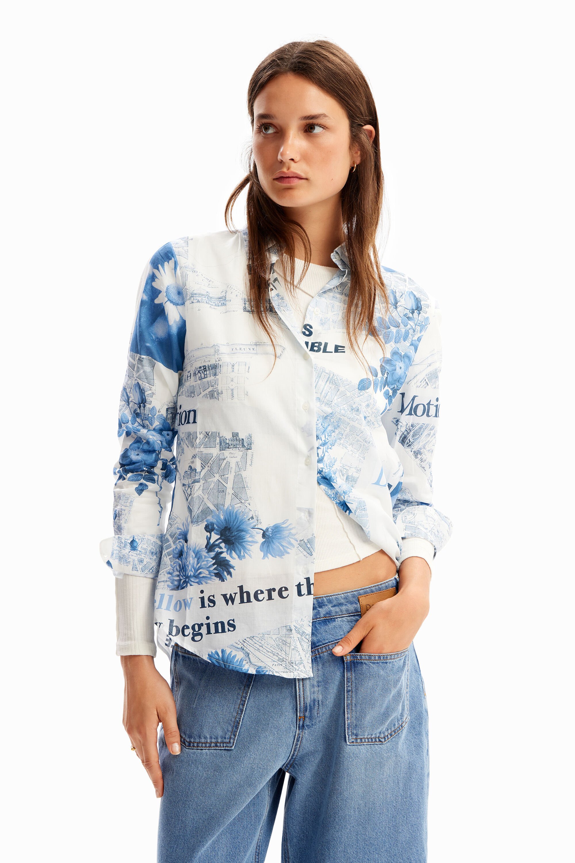 Desigual Lightweight Map Shirt In White