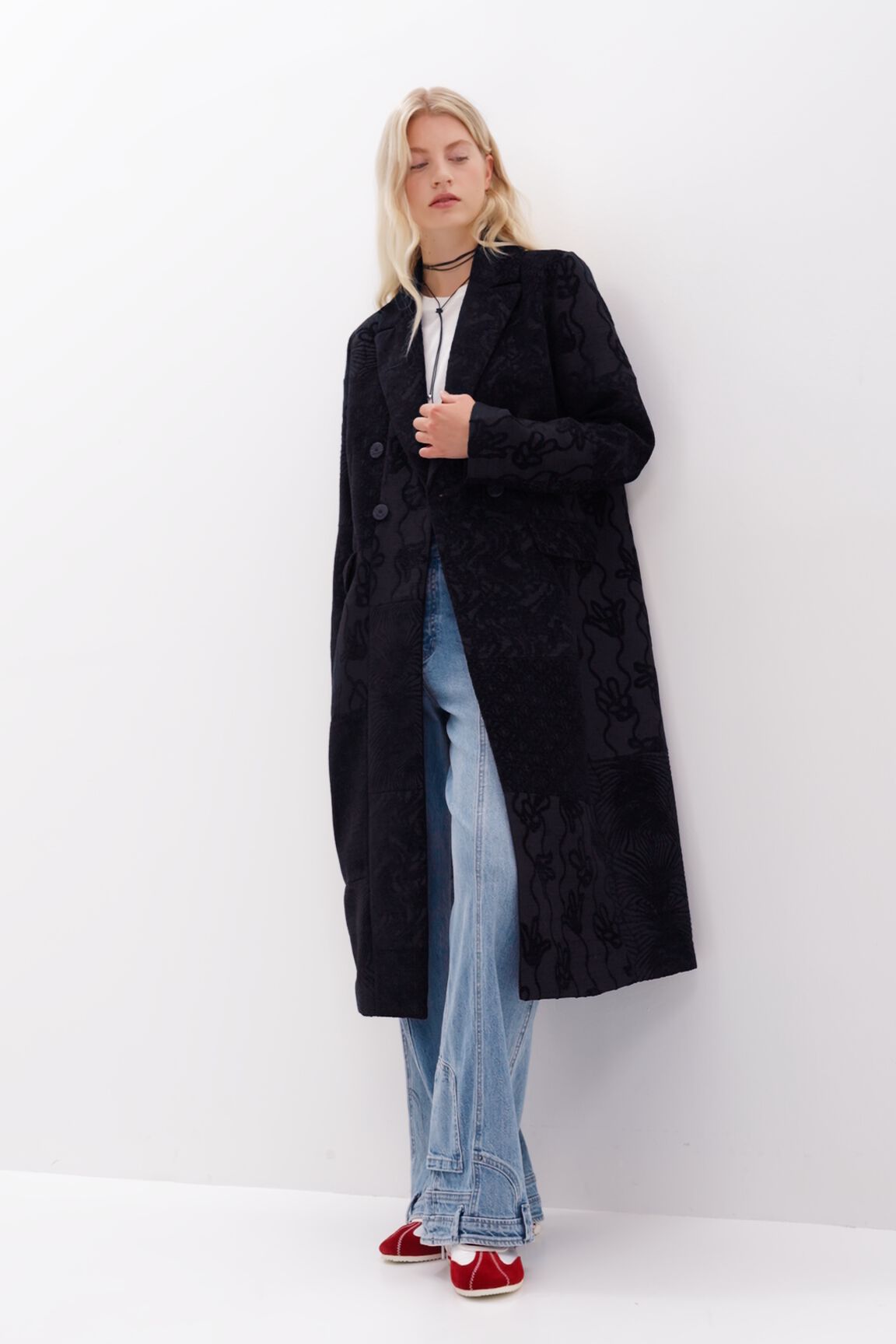 期間限定SALE！Desigual チェスターコート 黒 Desigual デシグアル ステッチ ウールコート （グレー/ブラック