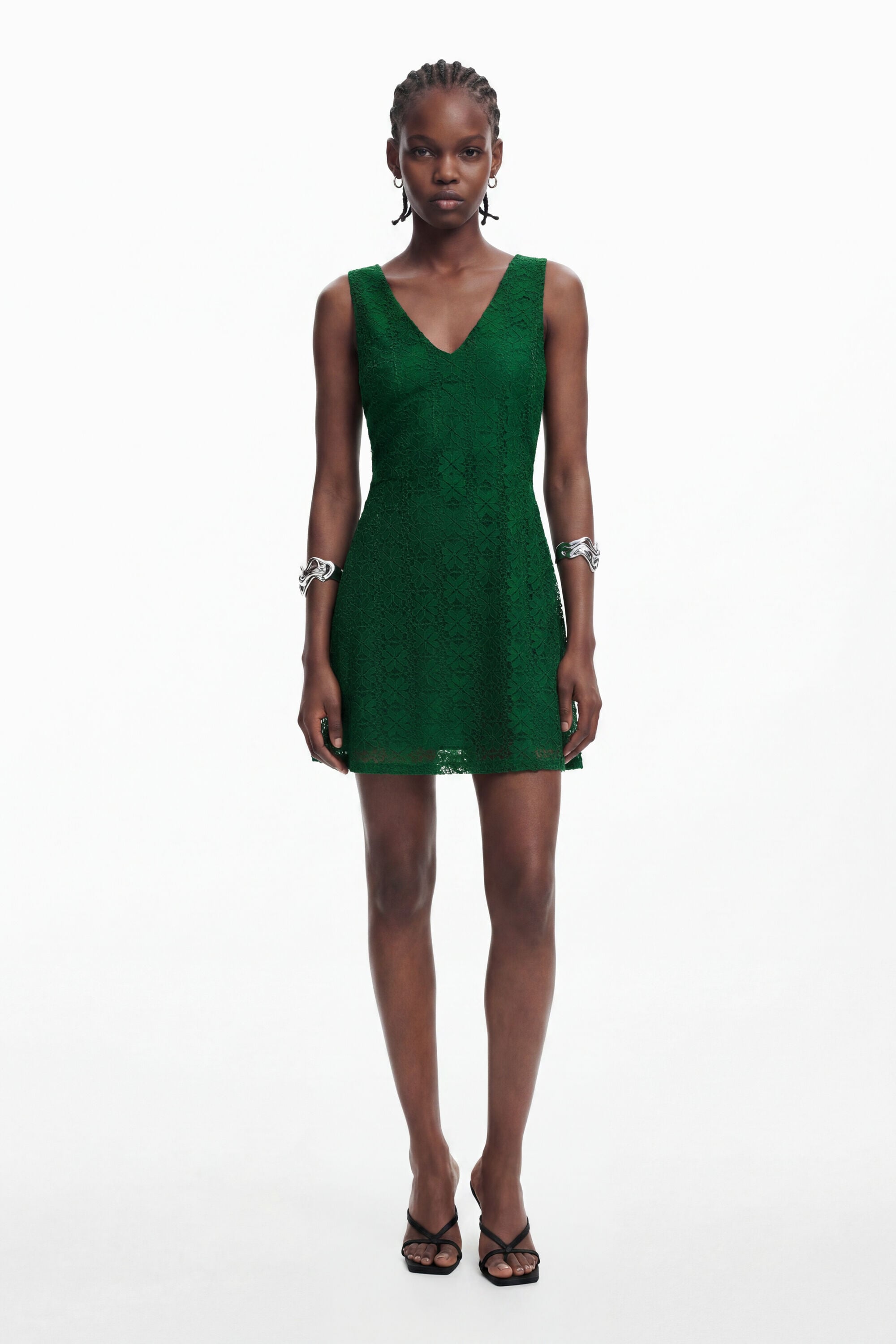 Desigual, Vestido encaje sin mangas, Poliester, Verde