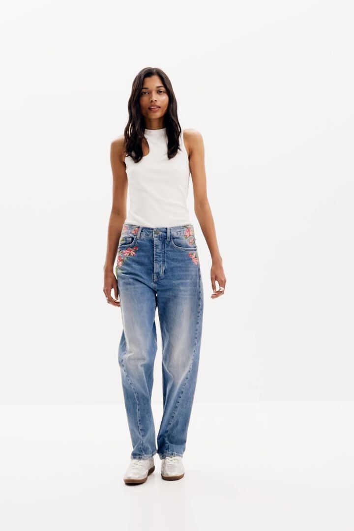 Long denim pants with flowers | Desigual