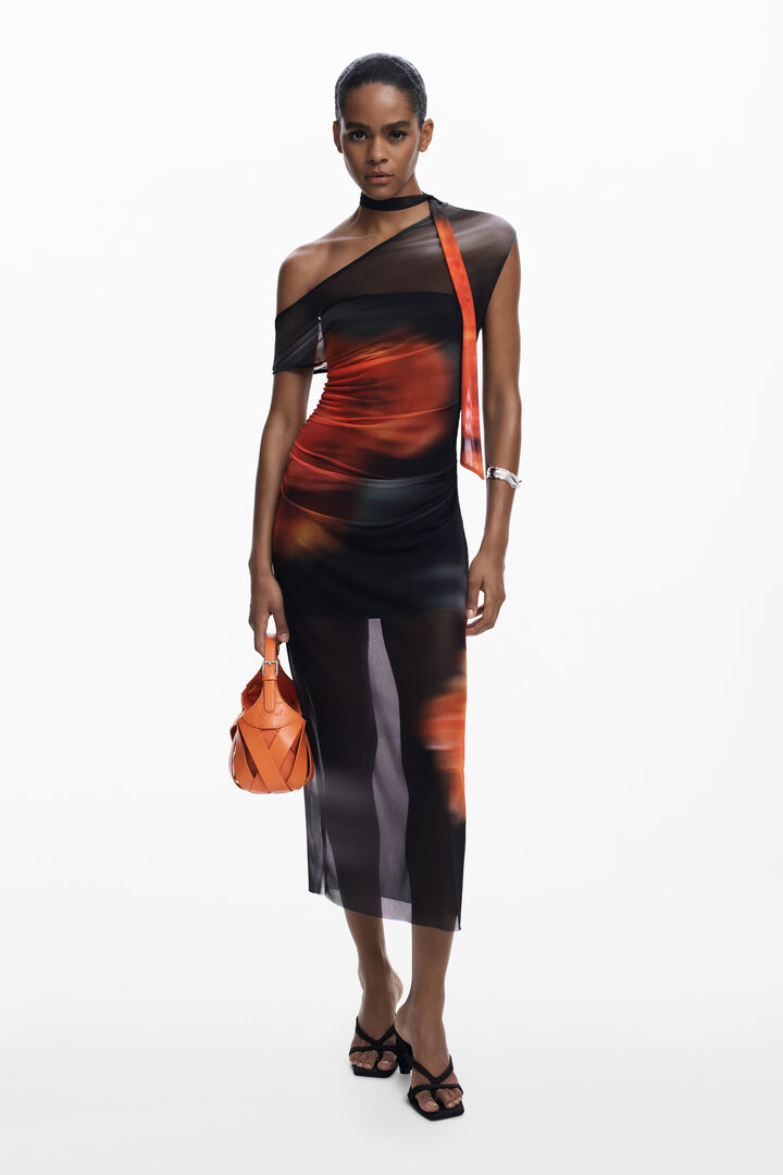 Draped dress with irregular neckline and flower
