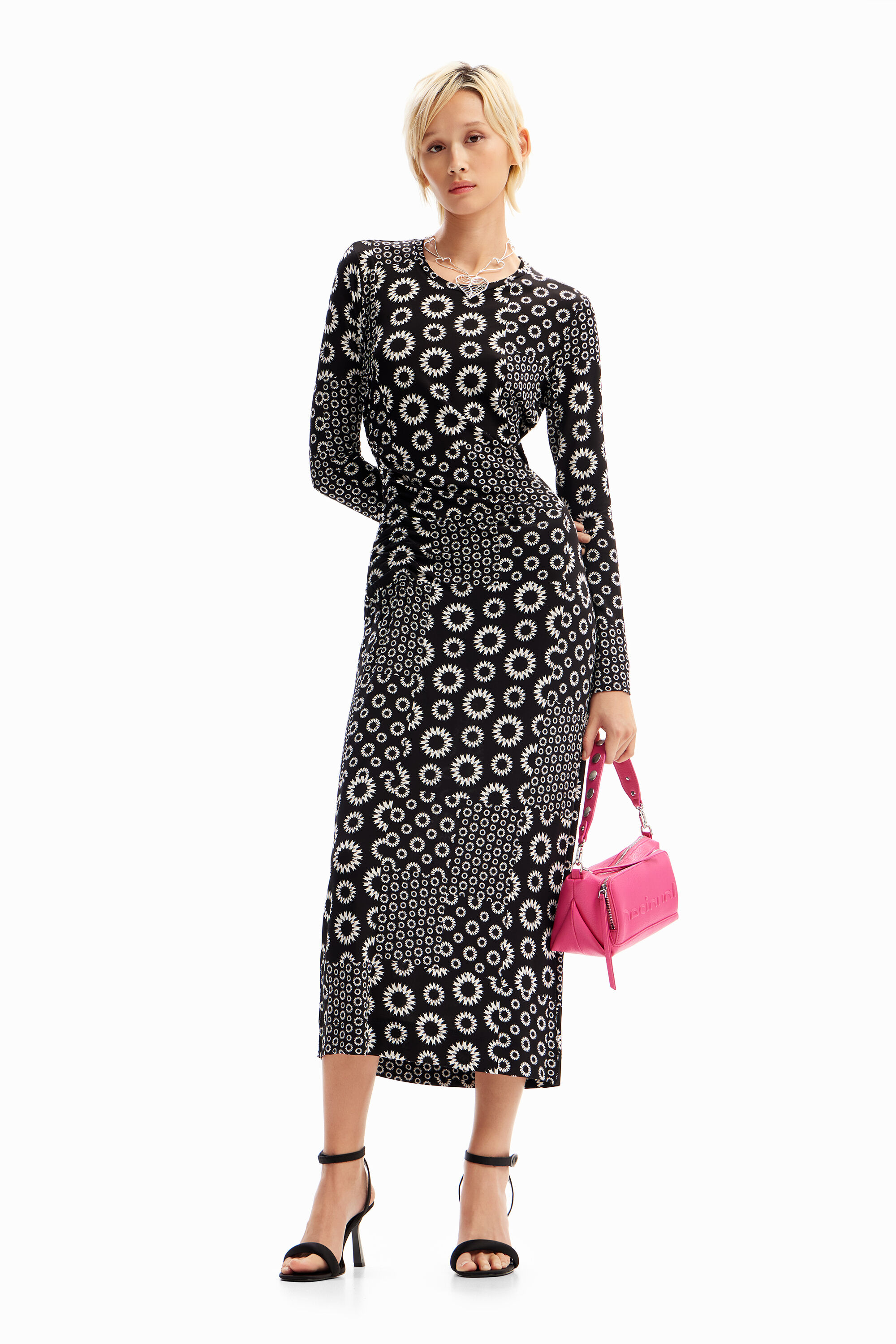 Desigual Slim Patchwork Midi Dress In Black