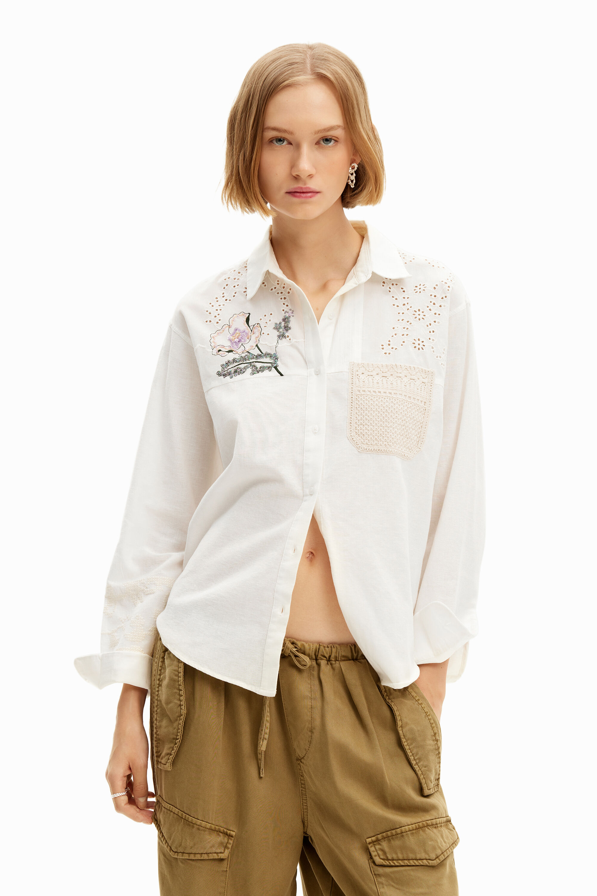 Crochet linen shirt - WHITE - XL