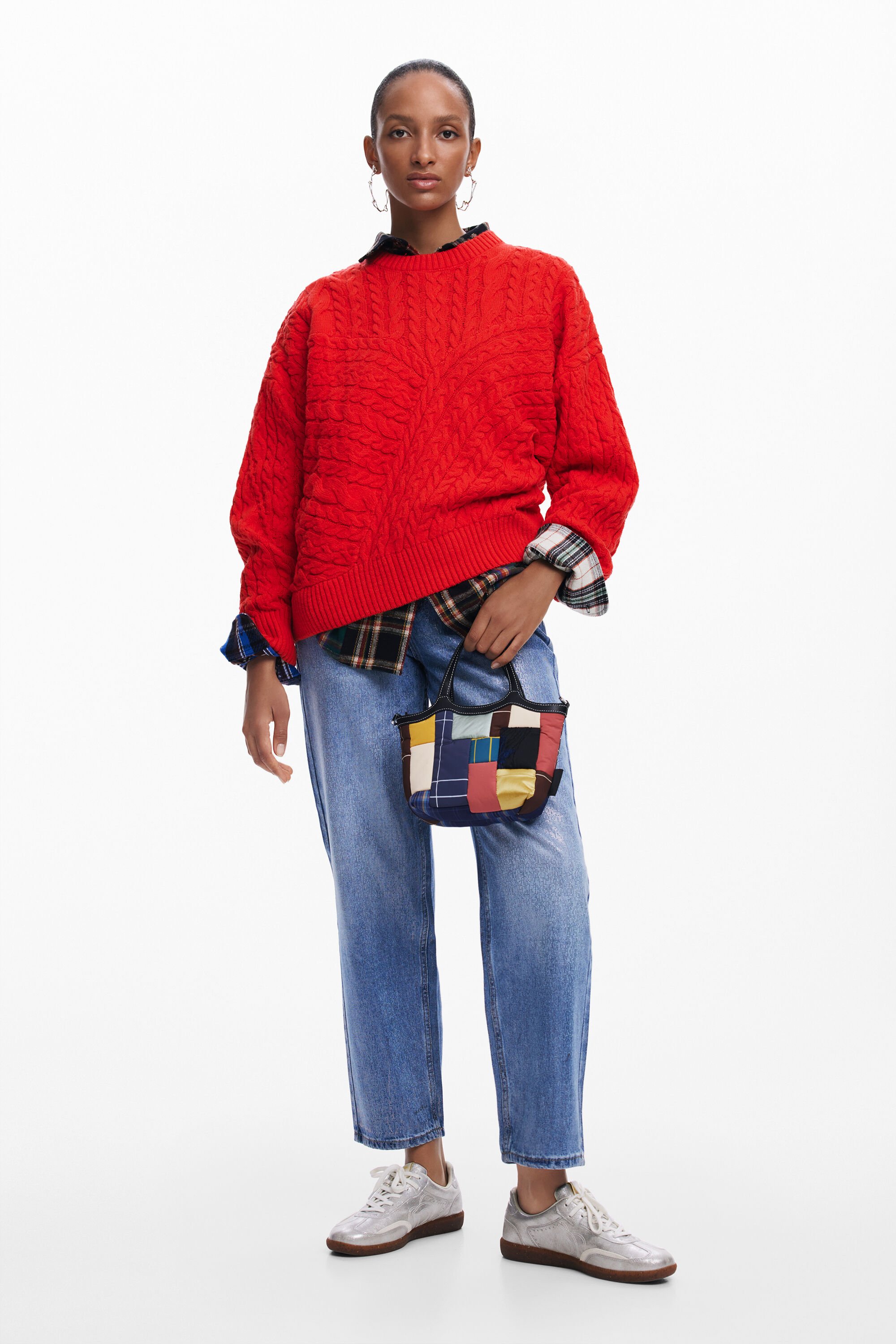 Red sweater with blue jeans best sale