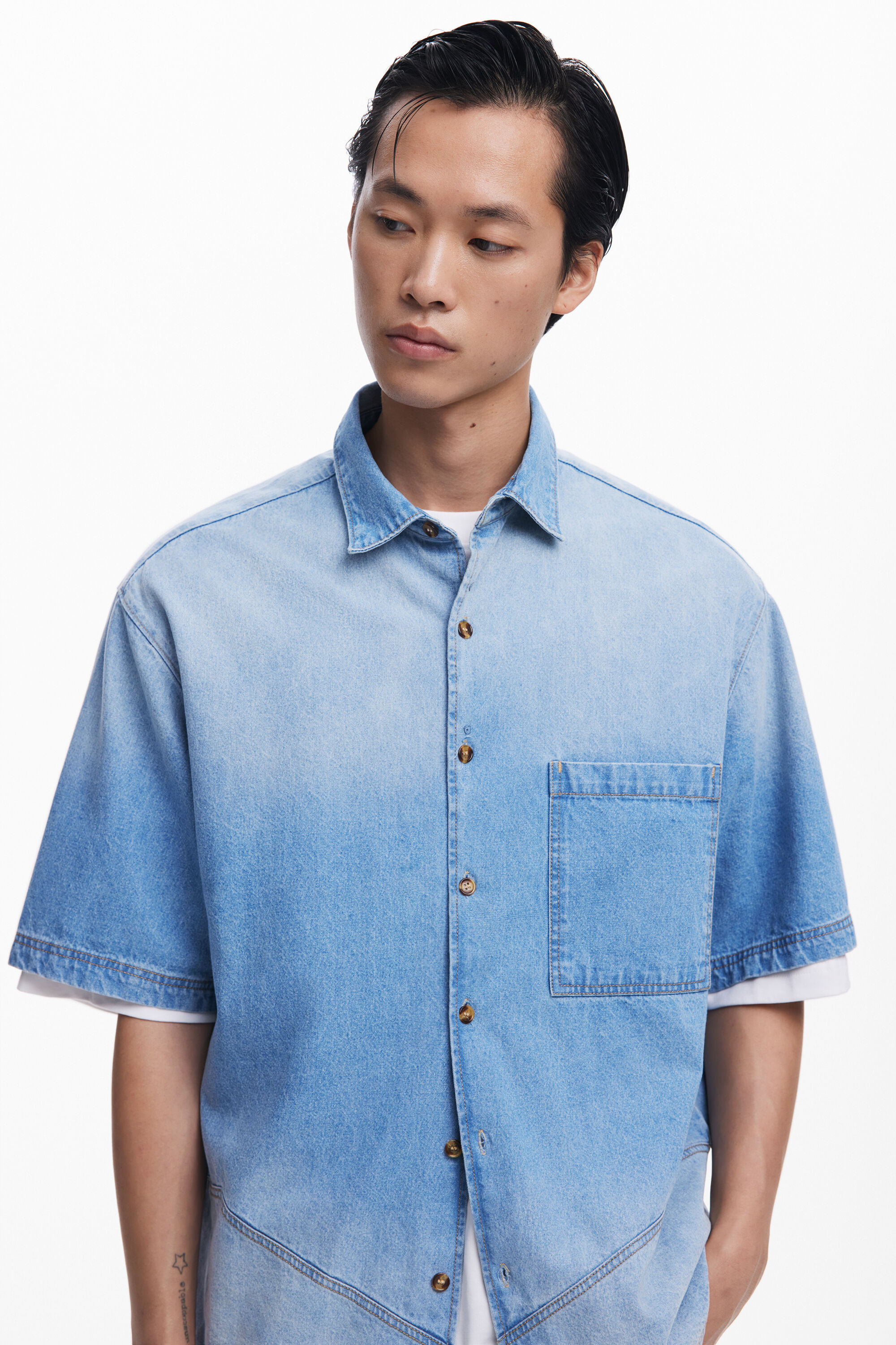 Desigual Denim Shirt With Stitching In Blue
