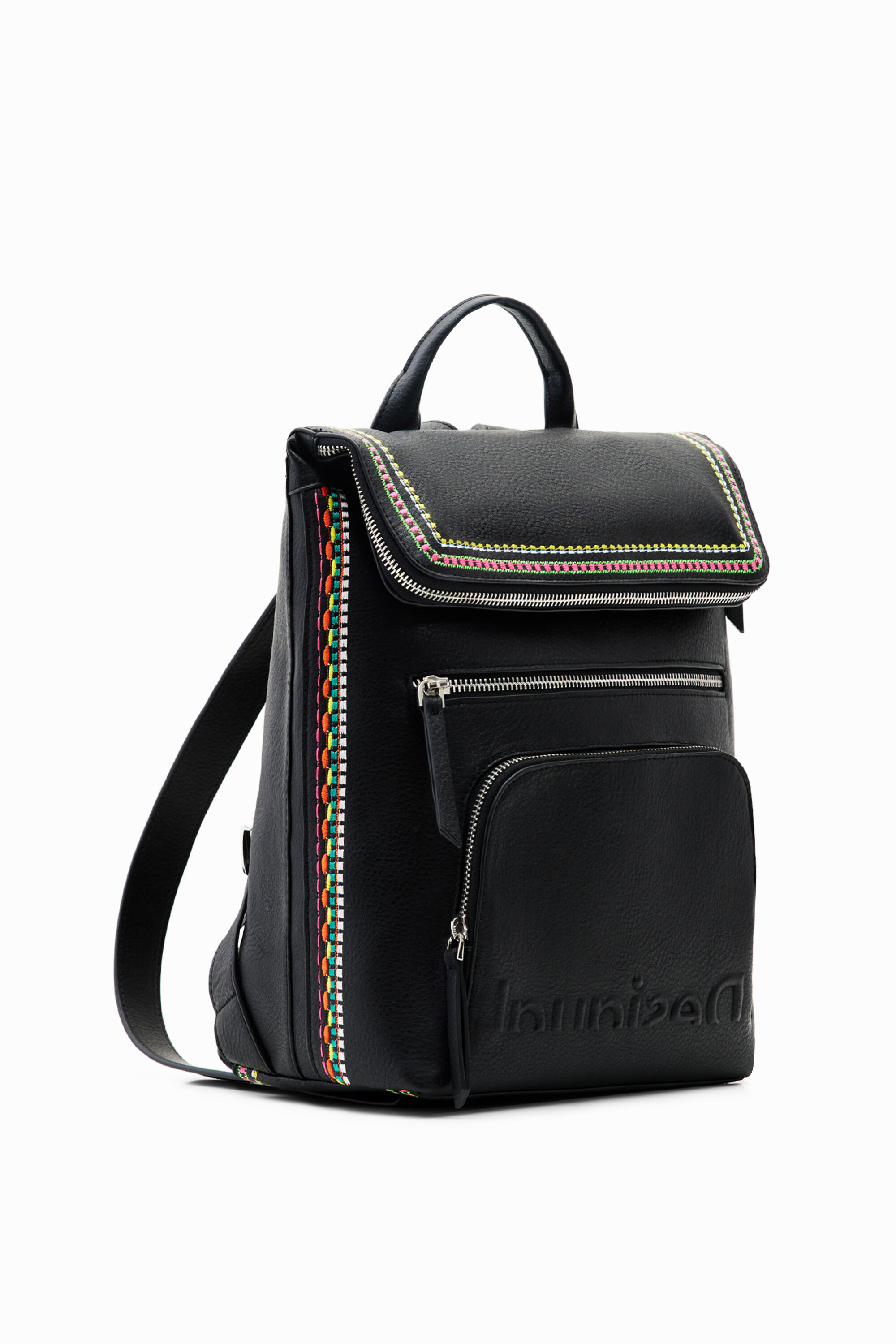Desigual Midsize Embroidered-flap Backpack In Black