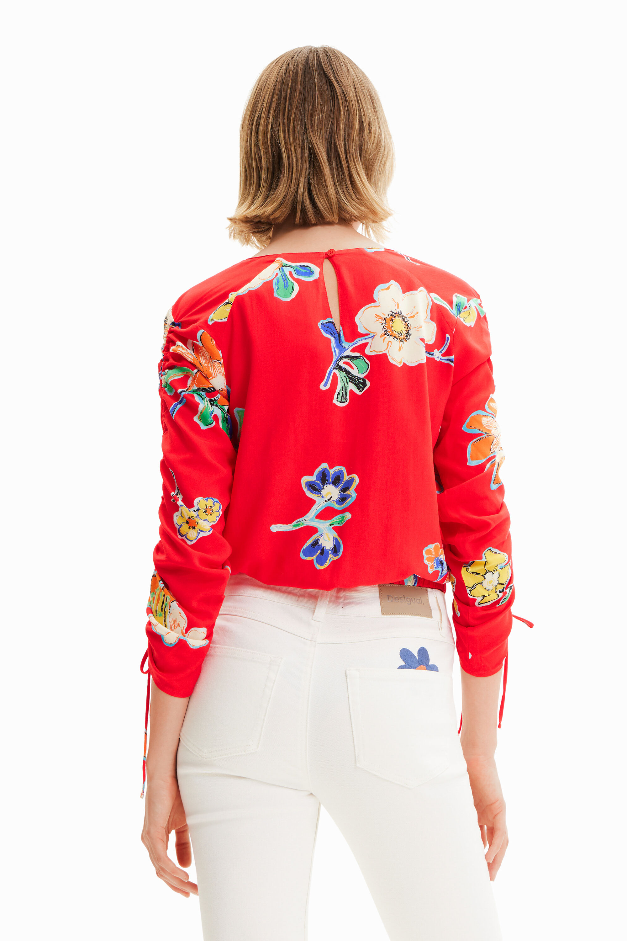 Shop Desigual Short Gathered Floral Blouse In Red