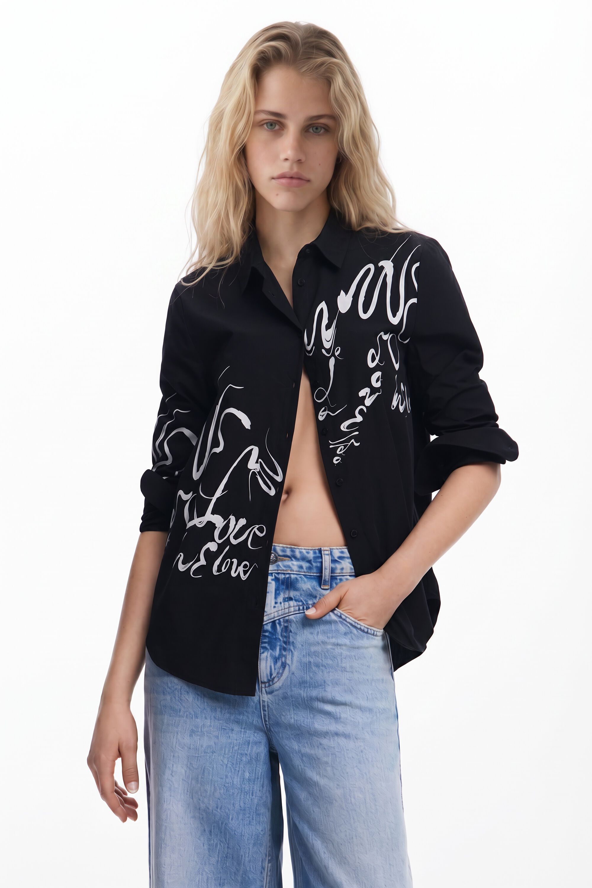 Chemise lettres encre, Coton, Noir, XS