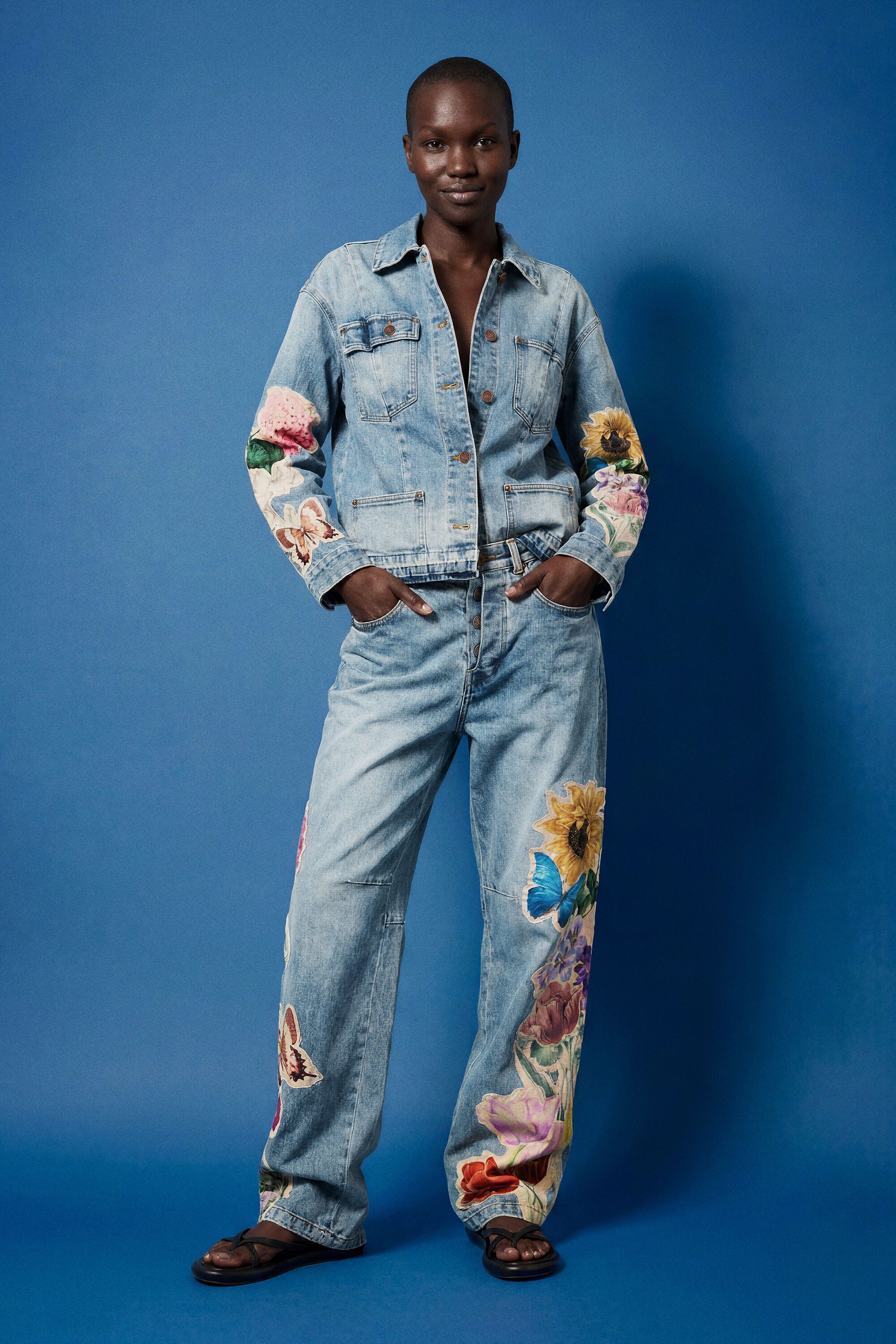 Desigual, Pantalón Vaquero flores regular, Mujer, Algodon, Azul, 34