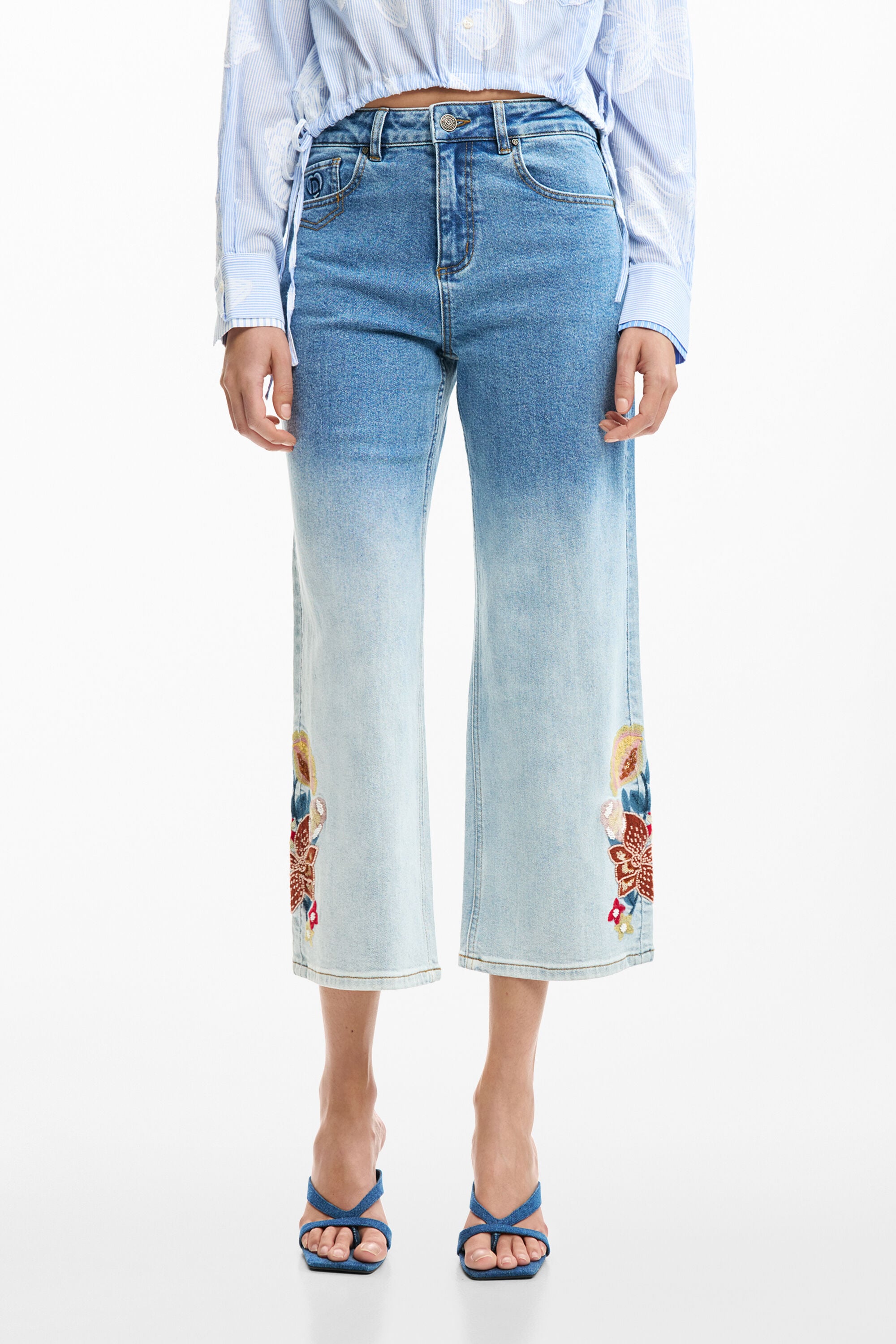 Desigual, Bestickte culotte-jeans, Damen, Baumwolle, Blau, 40