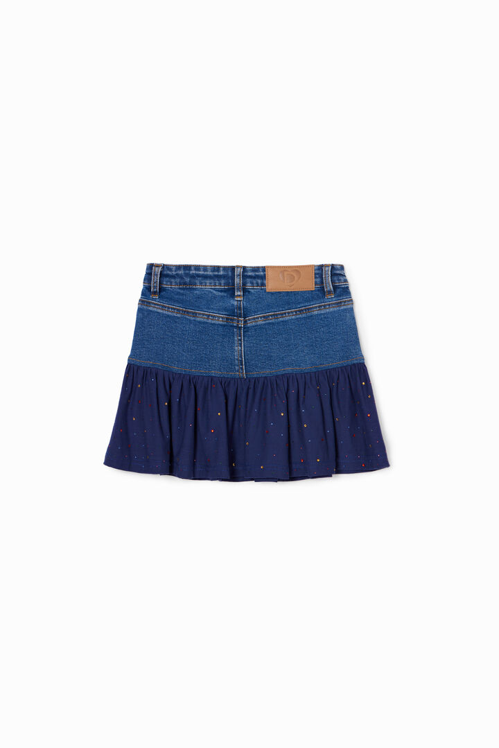 Denim mini skirt with ruffle and polka dots