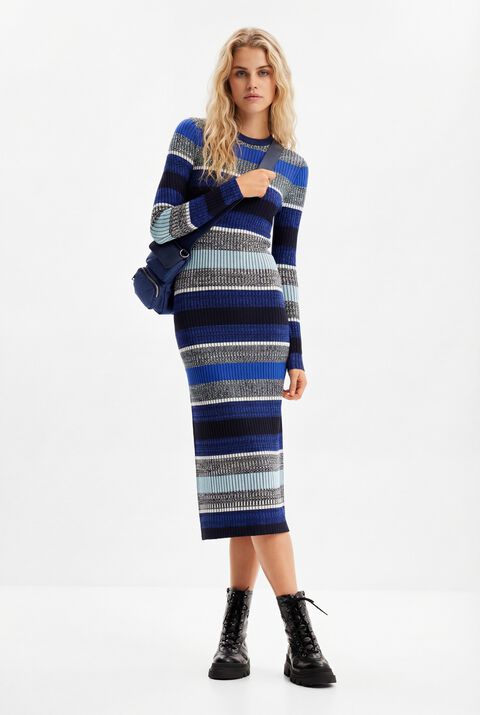 STRIPY RIBBED MIDI DRESS